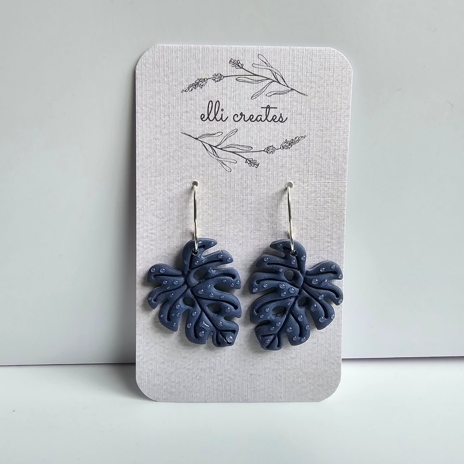 Blue Monstera Leaf Polymer Clay houseplant Earrings
