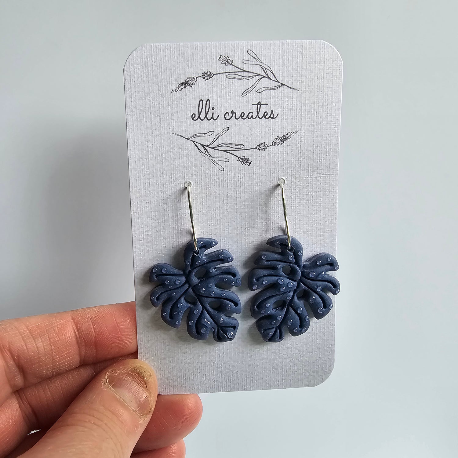 Blue Monstera Leaf Polymer Clay houseplant Earrings