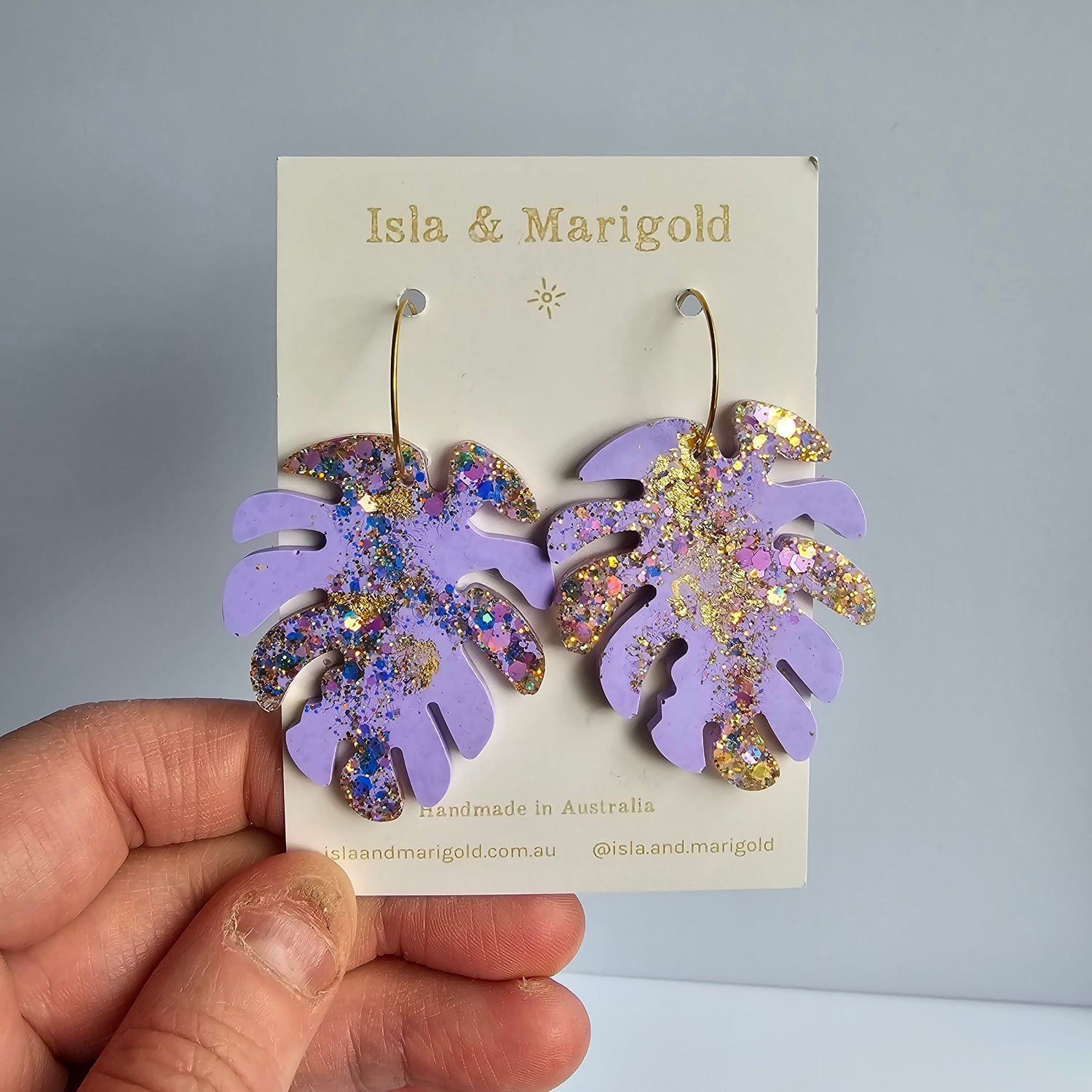 Monstera Leaf Resin Glitter Purple & Gold Hoop Plant Earrings