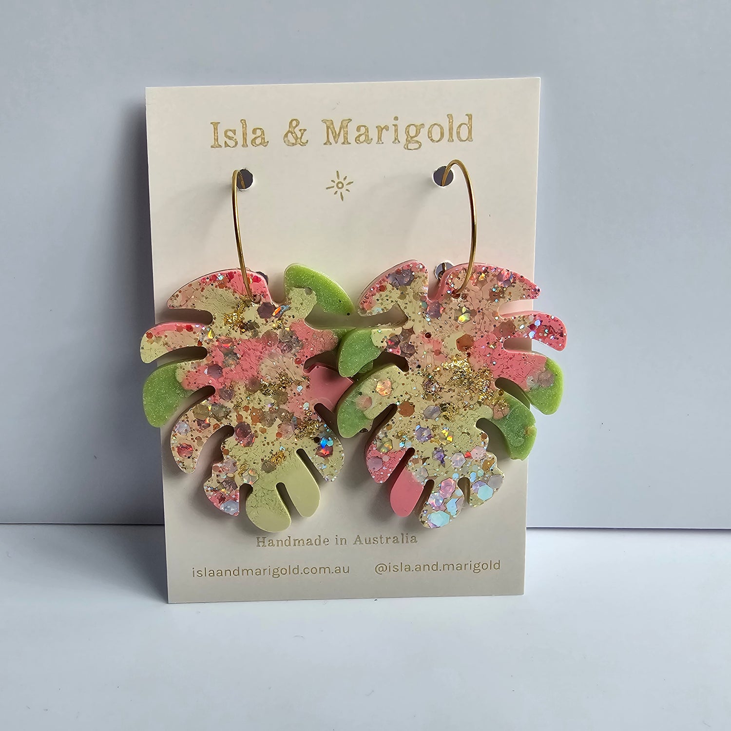 Monstera Leaf Glitter Rainbow Resin Hoop Plant Earrings