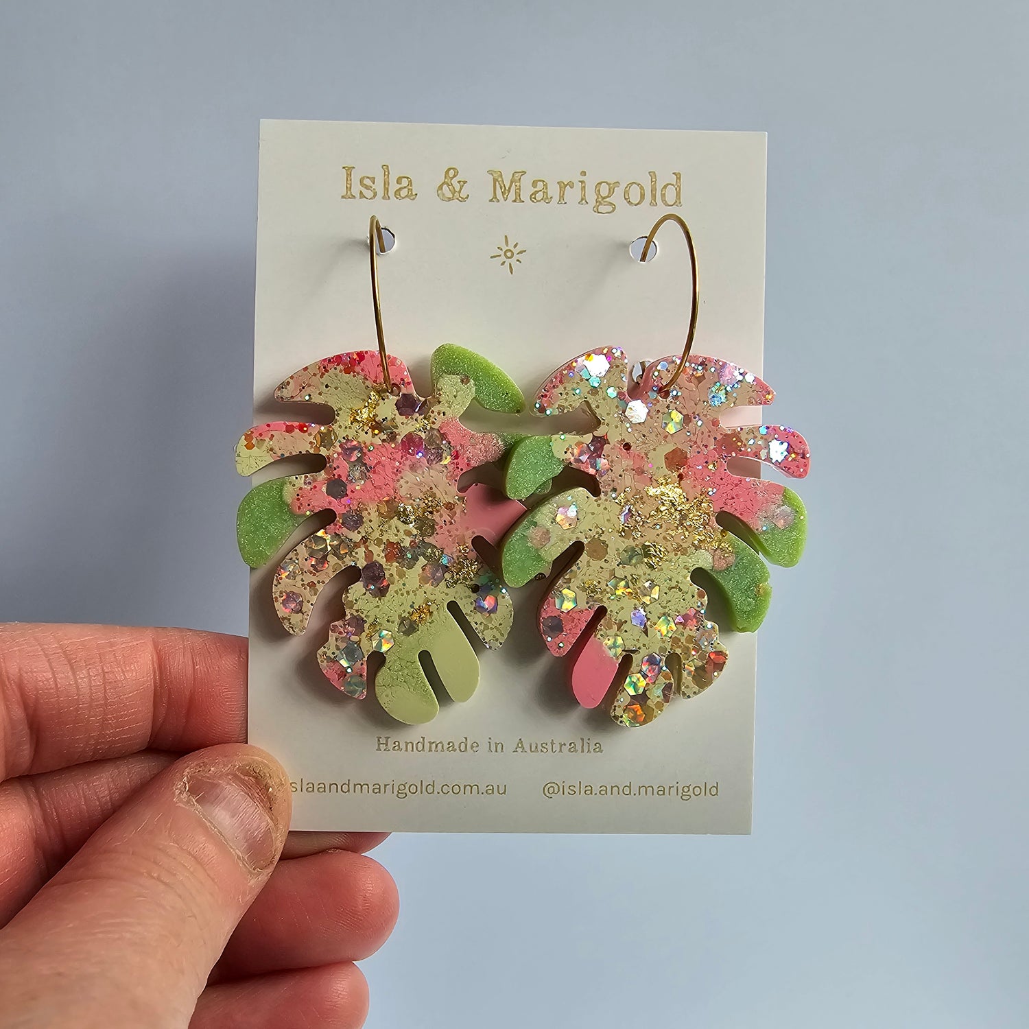 Monstera Leaf Glitter Rainbow Resin Hoop Plant Earrings