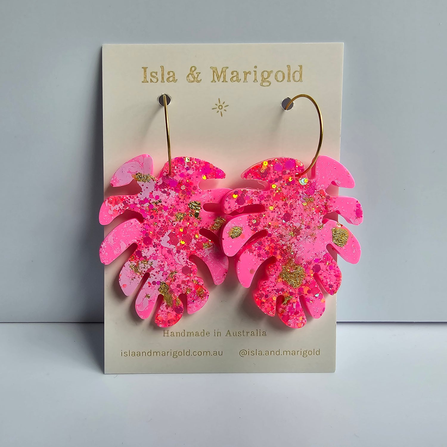 Monstera Leaf Glitter Hot Pink & Silver Resin Hoop Plant Earrings