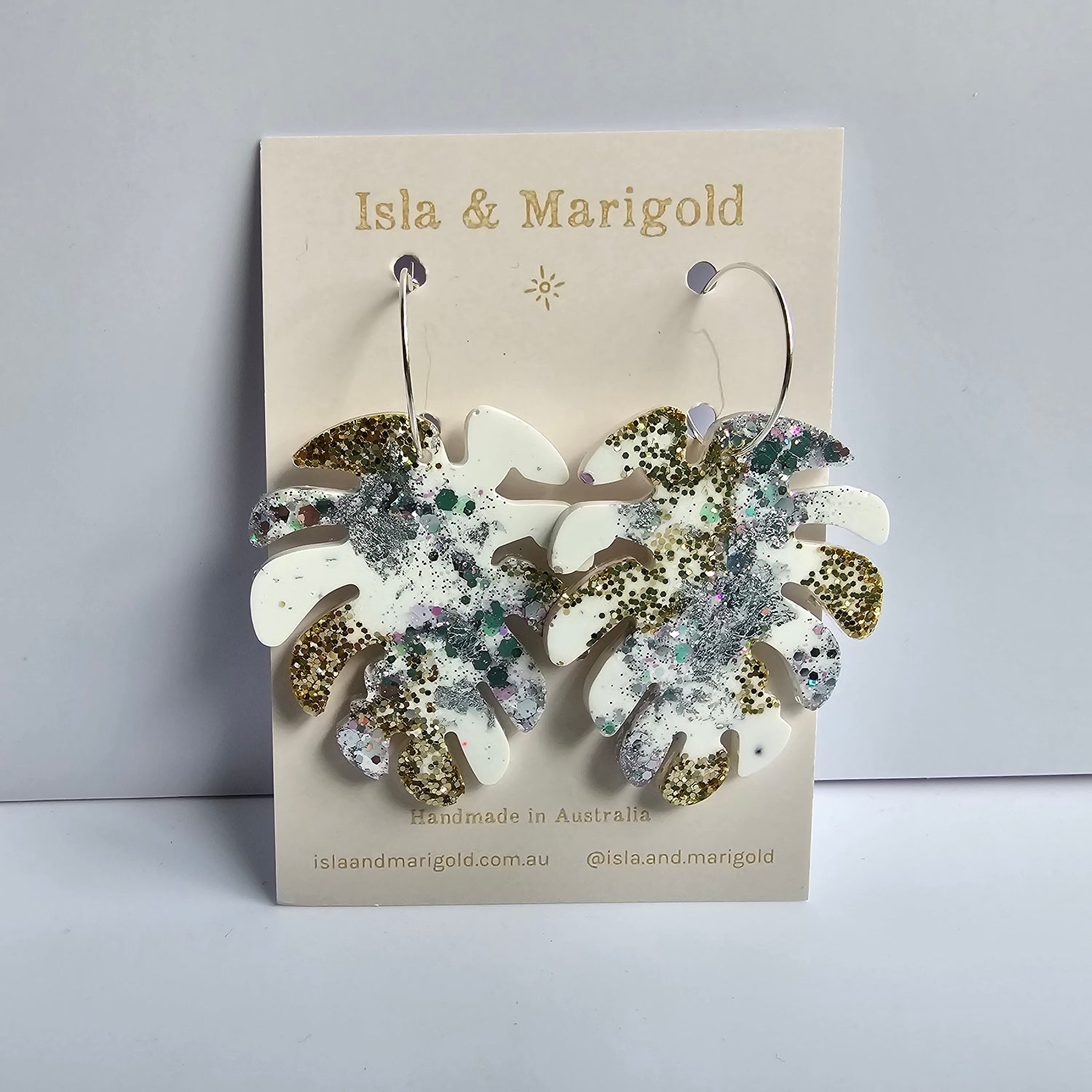 Monstera Leaf Glitter White & Silver Resin Hoop HousePlant Earrings