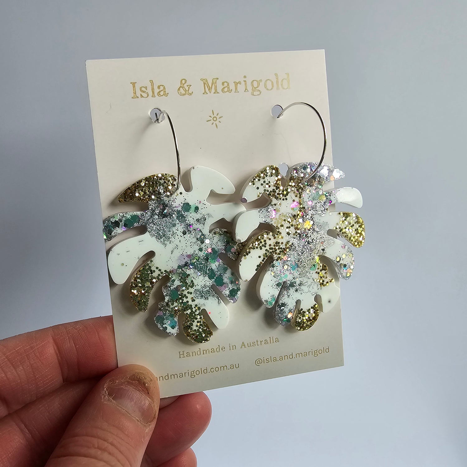 Monstera Leaf Glitter White & Silver Resin Hoop HousePlant Earrings