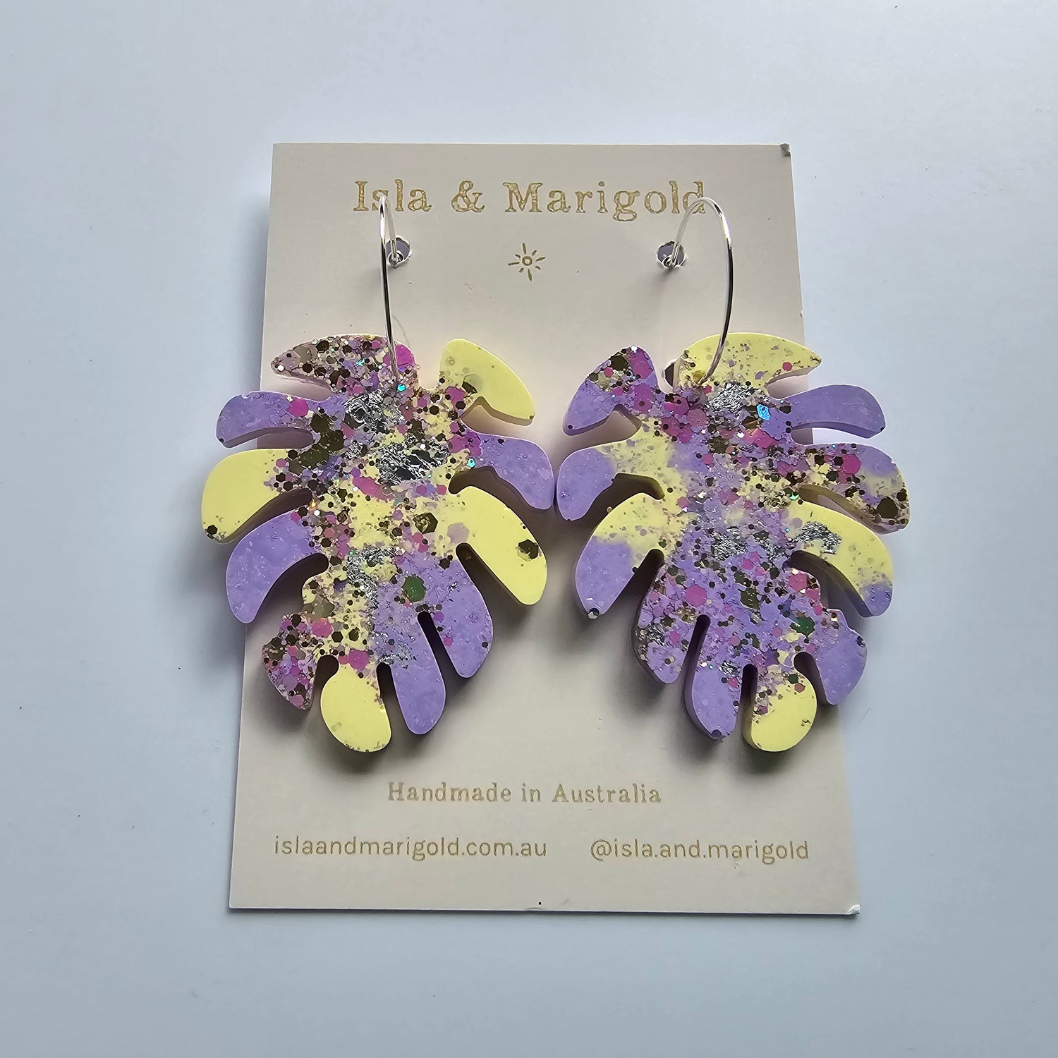 Monstera Leaf Glitter Purple & Yellow Resin Hoop HousePlant Earrings
