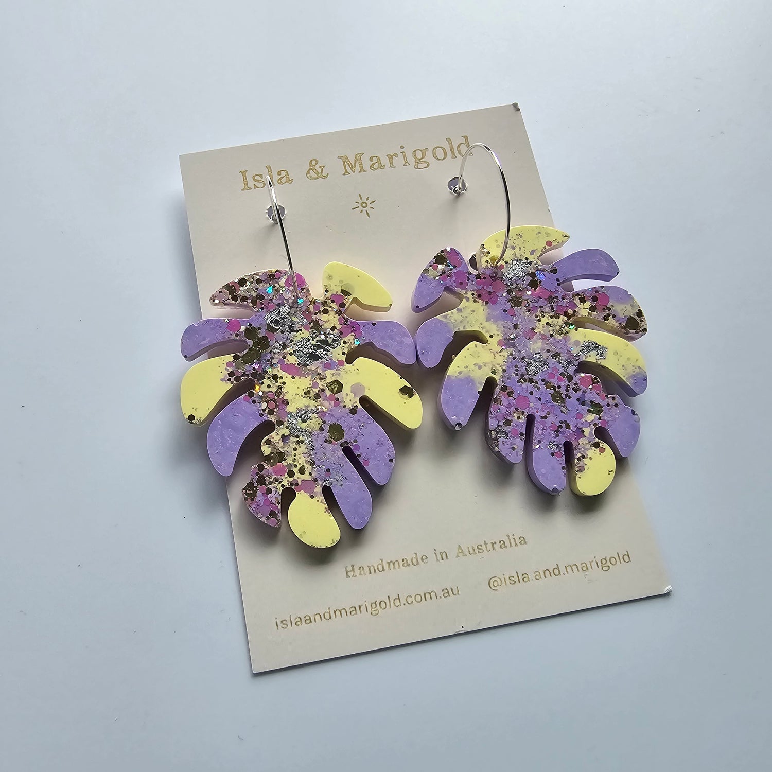 Monstera Leaf Glitter Purple & Yellow Resin Hoop HousePlant Earrings