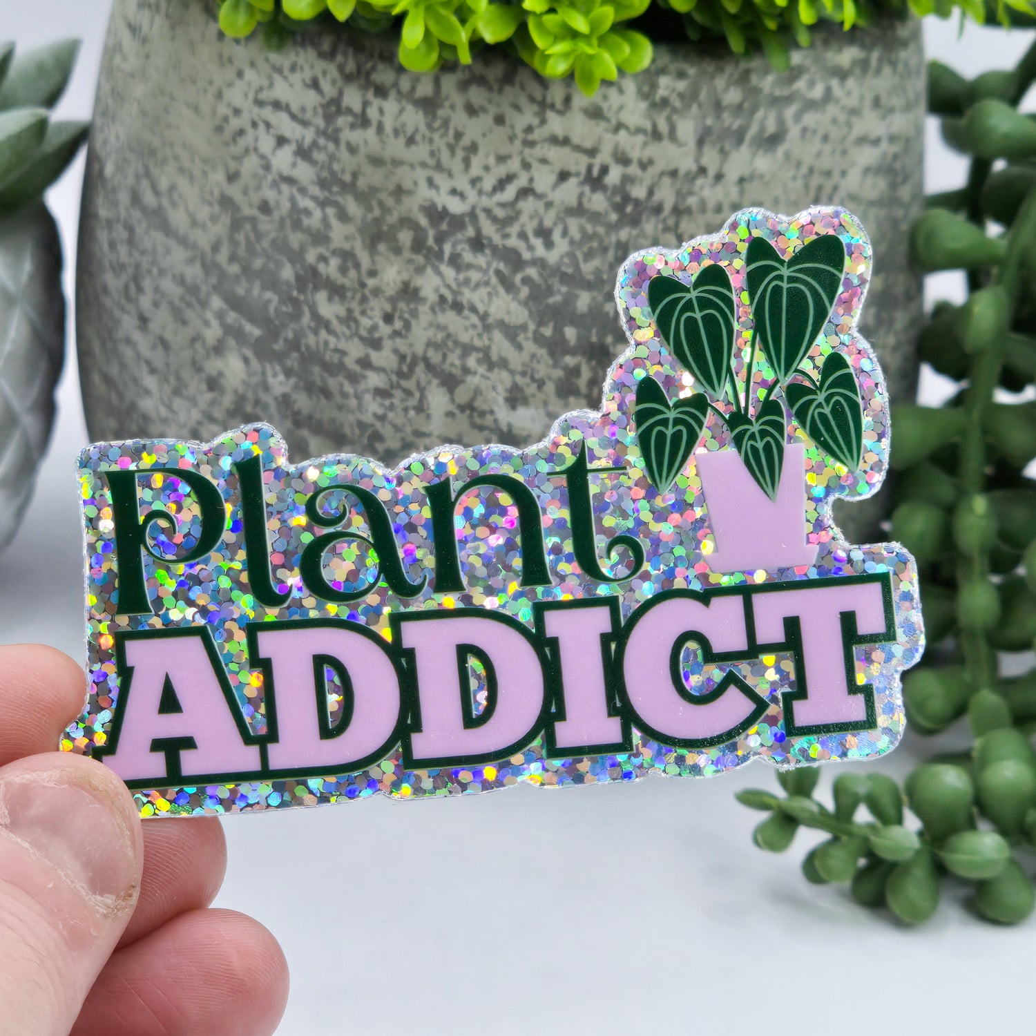 Pink Plant Addict GLITTER Houseplant Vinyl Sticker