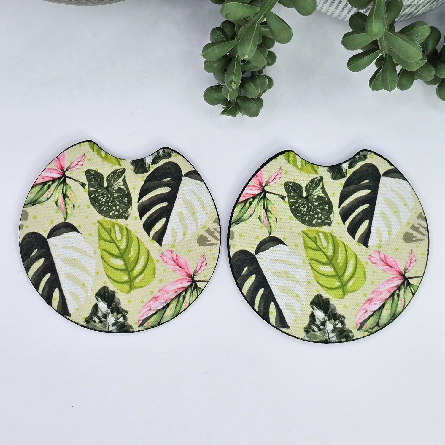 Rare Variegated Houseplant leaves Car Coasters - Set of 2, Car Cup Holder Coasters