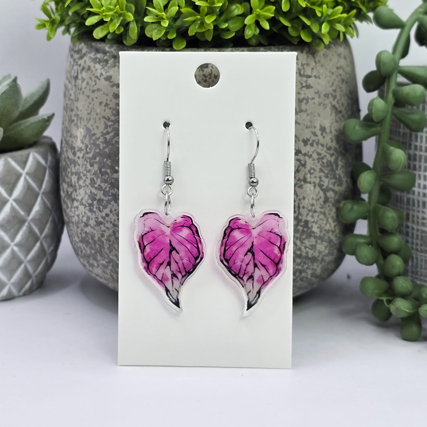 Pink Caladium Acrylic Plant Dangle Earrings