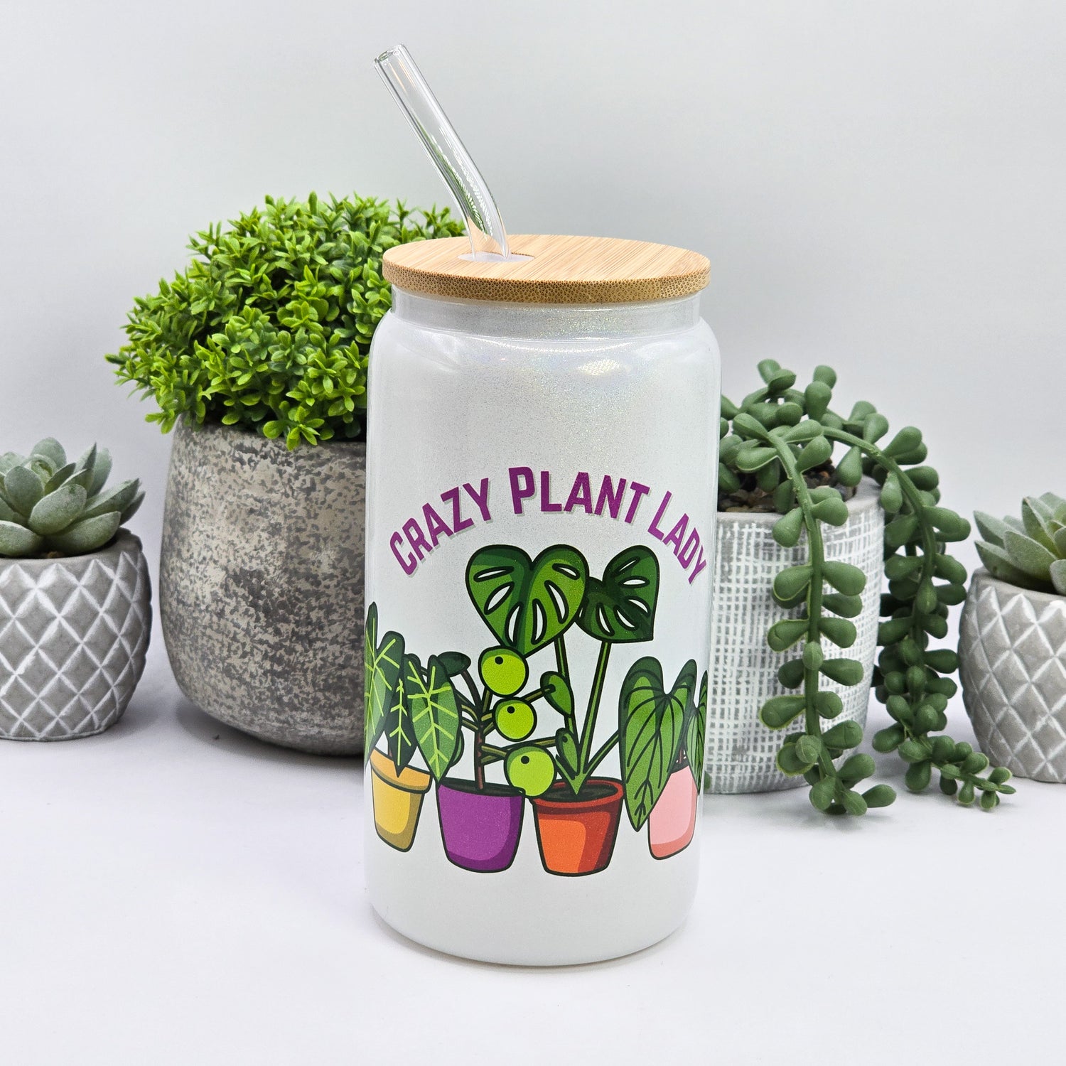 Crazy Plant Lady Bright Potted Plants White Glitter Glass16oz Houseplant Tumbler