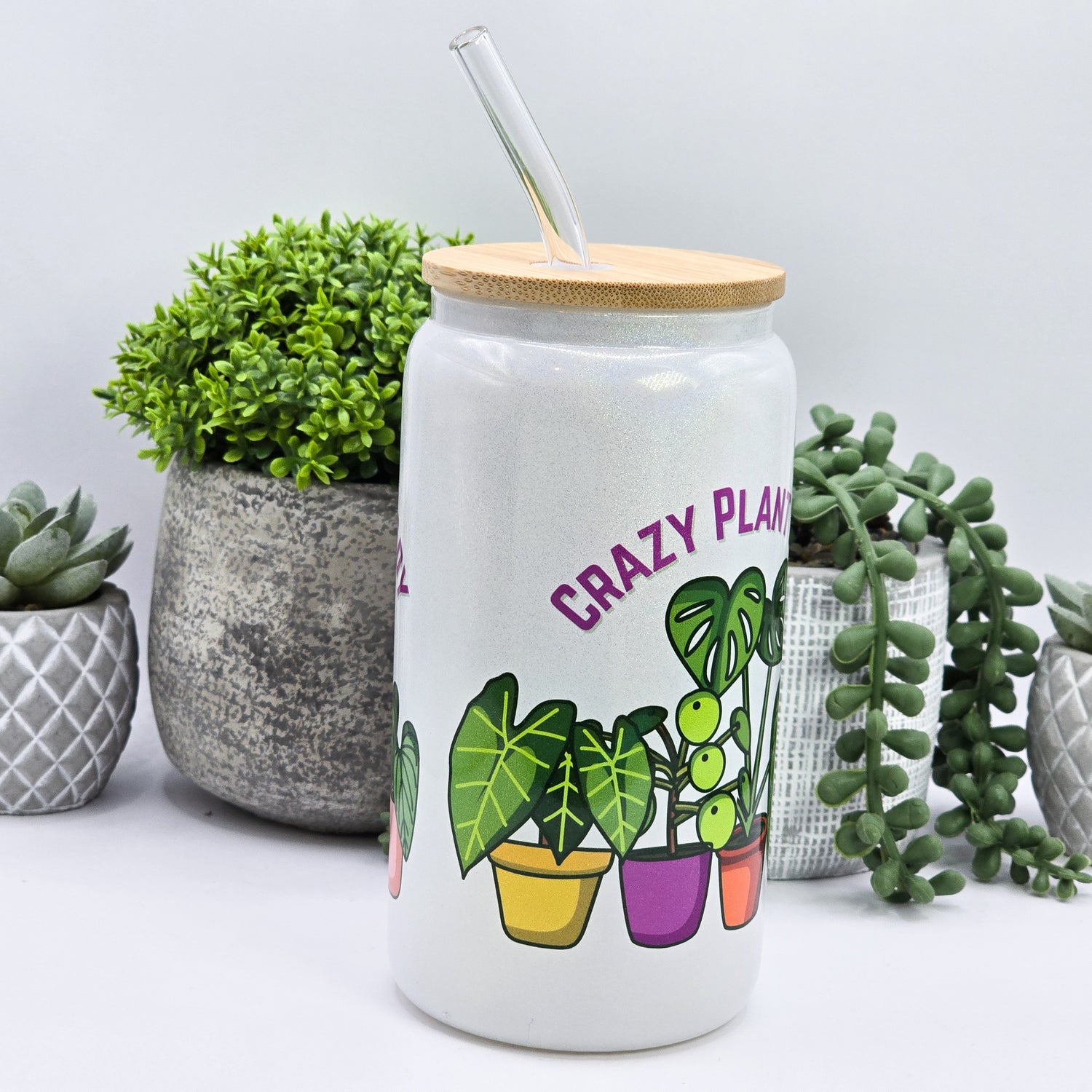 Crazy Plant Lady Bright Potted Plants White Glitter Glass16oz Houseplant Tumbler