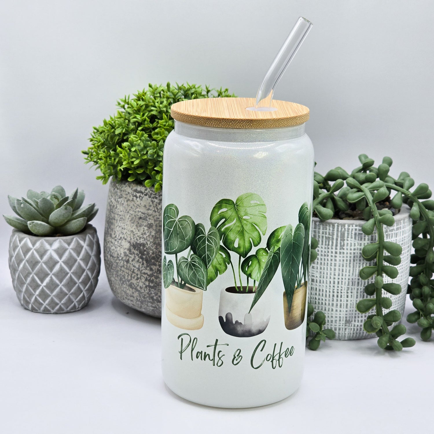 Plants & Coffee Plant Trio 16oz White Glitter Glass Houseplant Tumbler