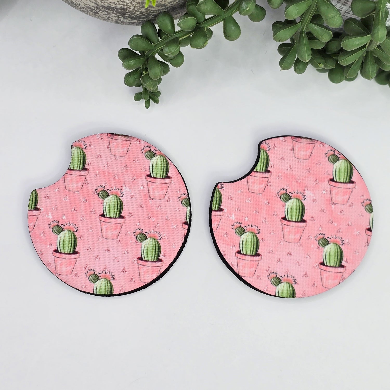 Sweet cactus Houseplants Car Coasters - Set of 2, avail in pink or mint, Car Cup Holder Coasters