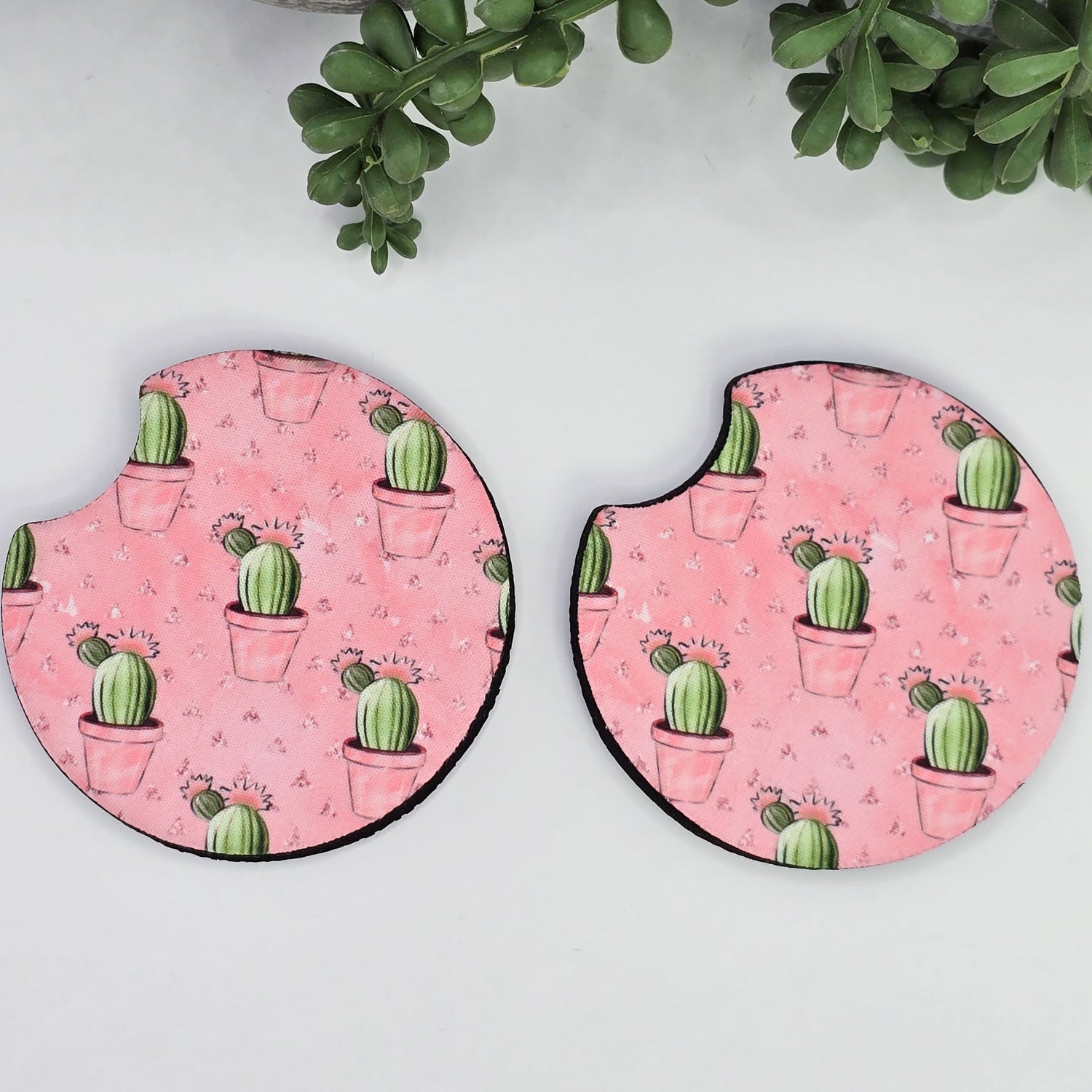 Sweet cactus Houseplants Car Coasters - Set of 2, avail in pink or mint, Car Cup Holder Coasters