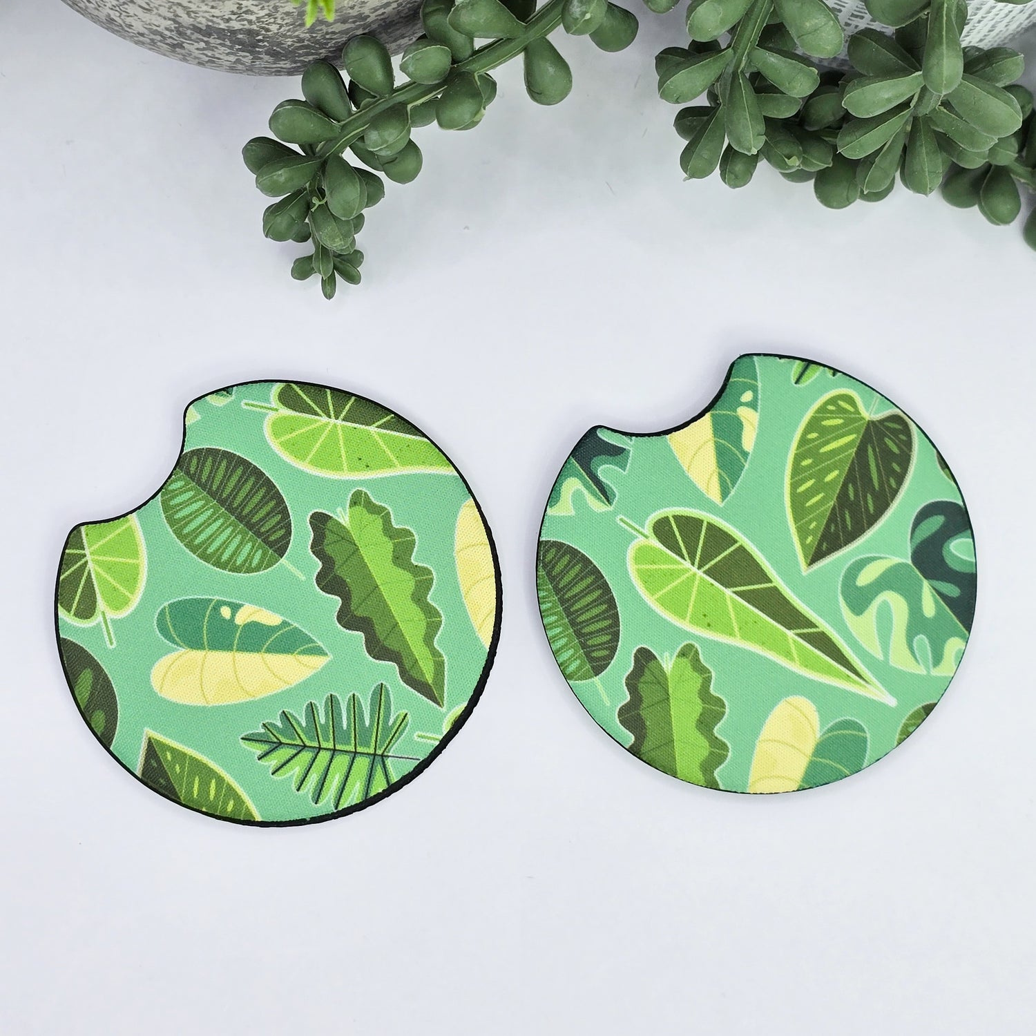 Geometrical Variegated Leaves Houseplant Car Coasters - Set of 2, in Teal/White, Car Cup Holder Coasters