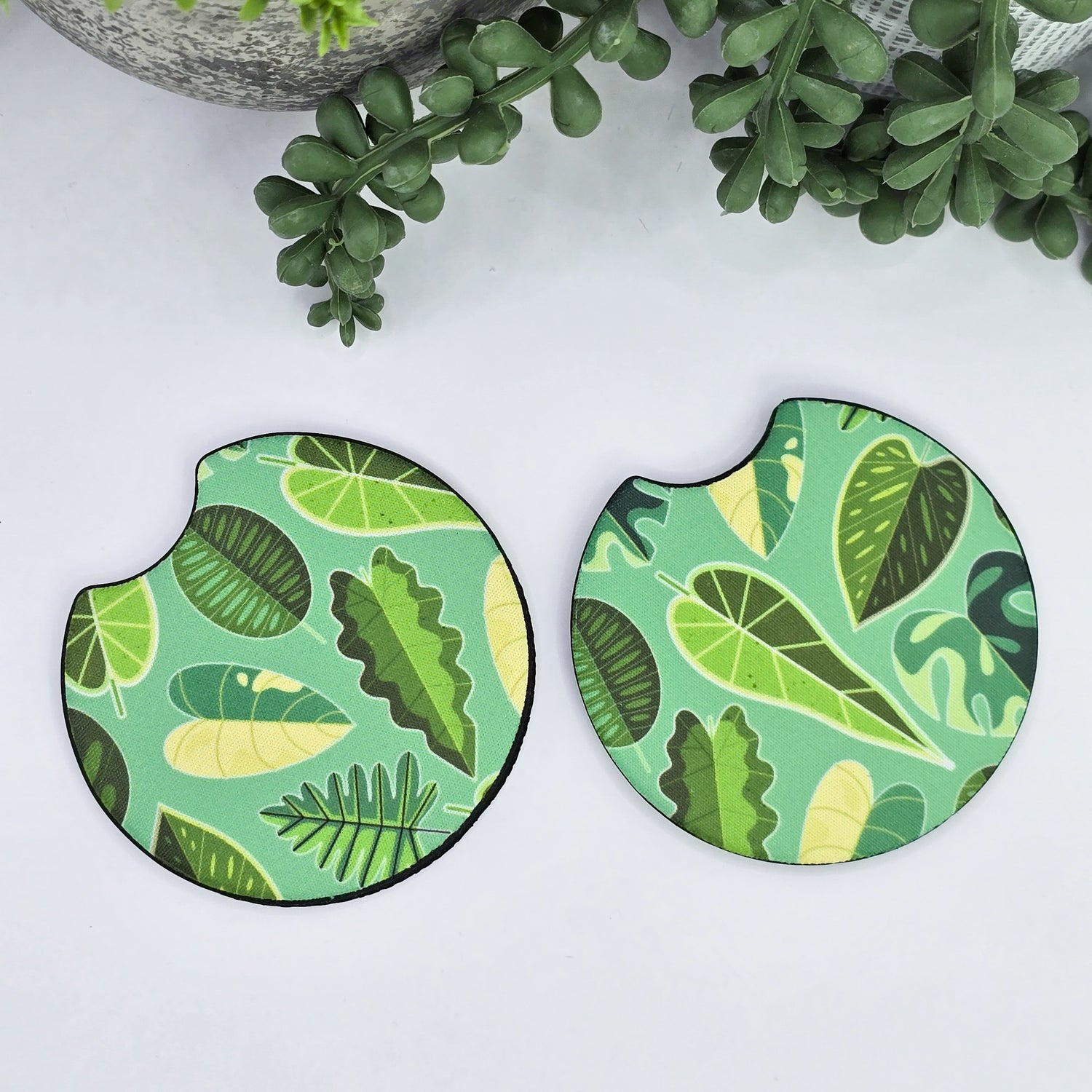 Geometrical Variegated Leaves Houseplant Car Coasters - Set of 2, in Teal/White, Car Cup Holder Coasters