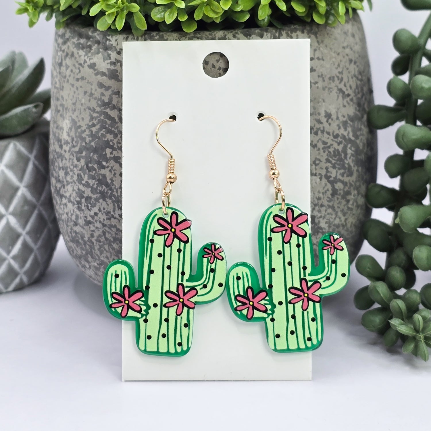 Acrylic Cactus with Flowers Houseplant Dangle Earrings