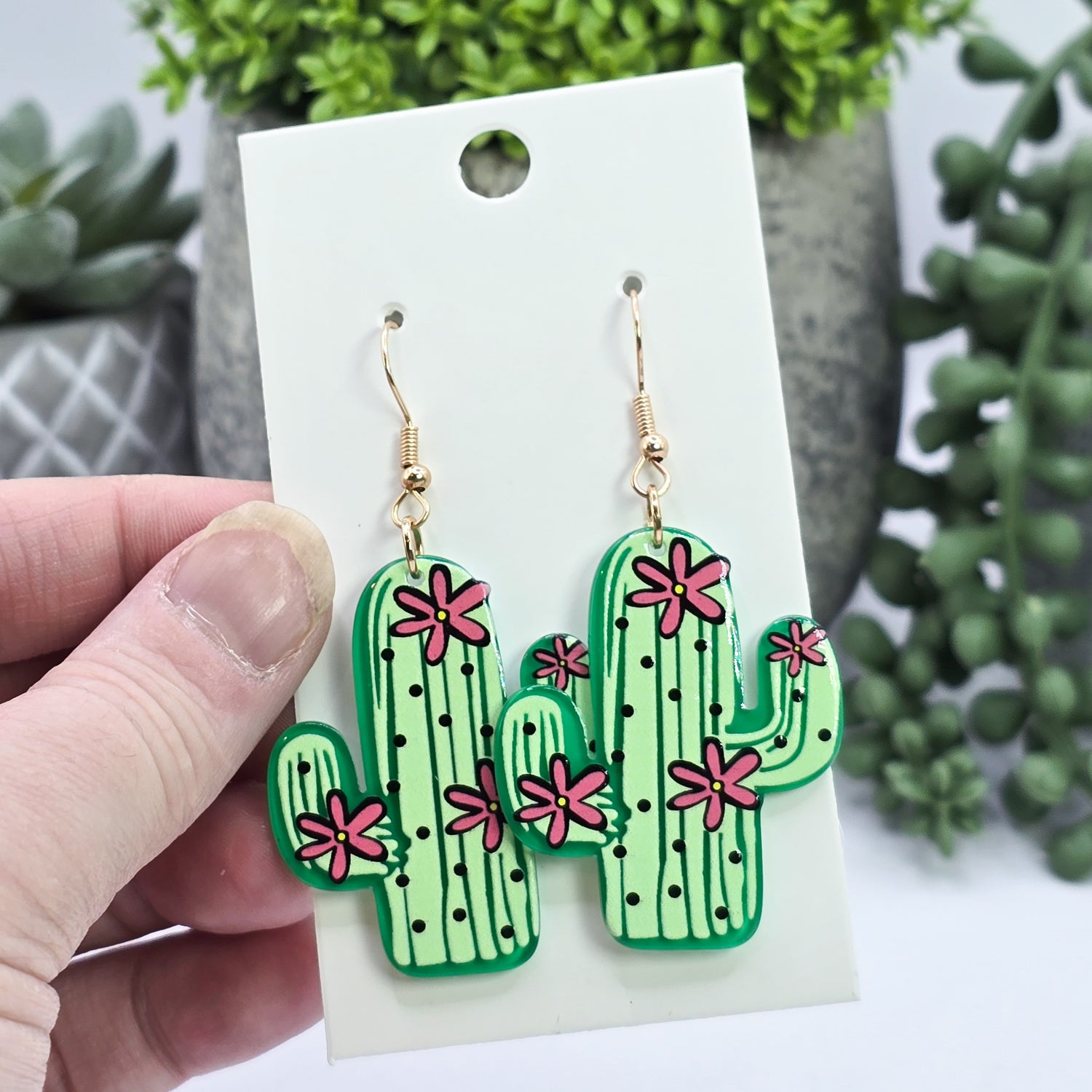 Acrylic Cactus with Flowers Houseplant Dangle Earrings