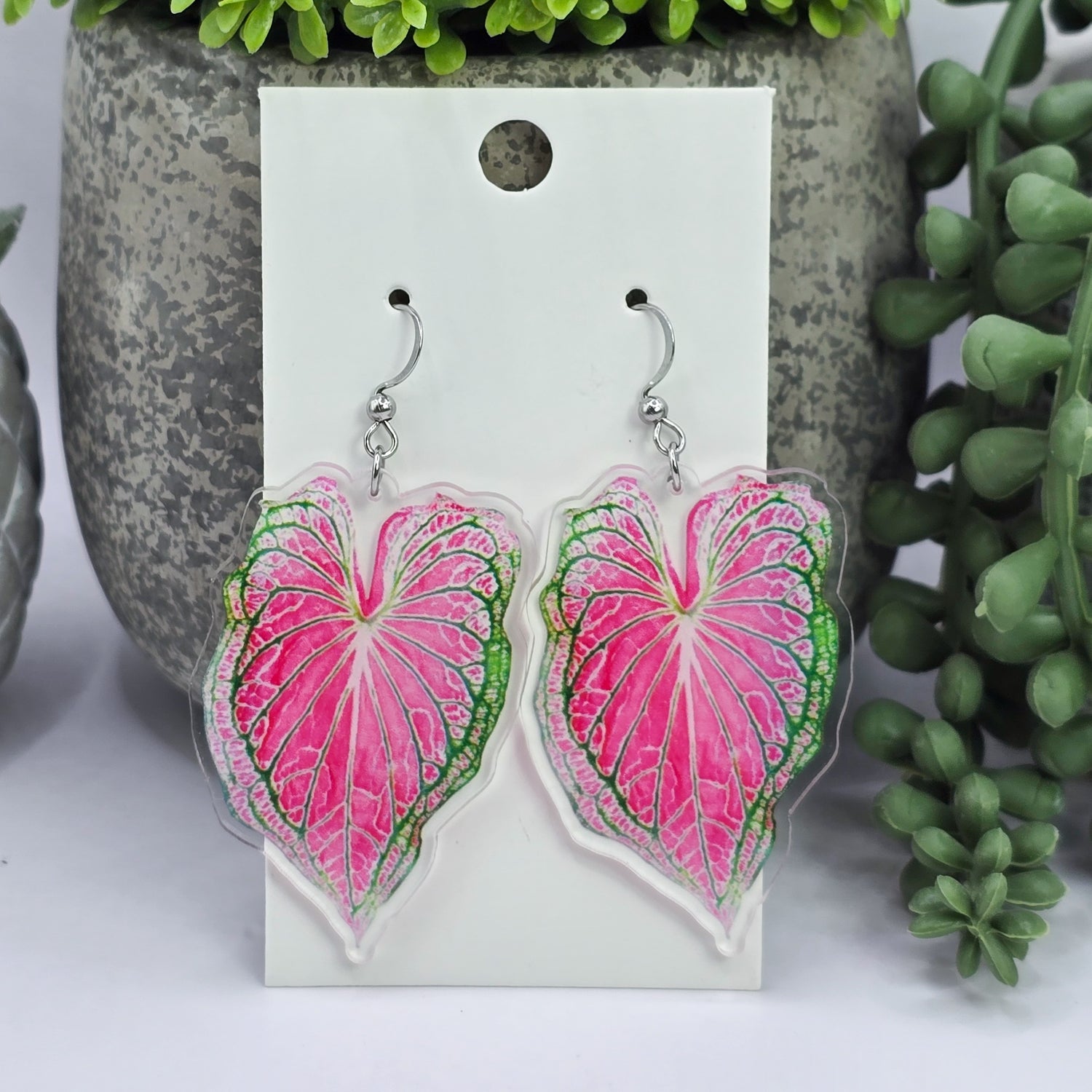 Pink & Green Caladium Acrylic Houseplant Dangle Earrings