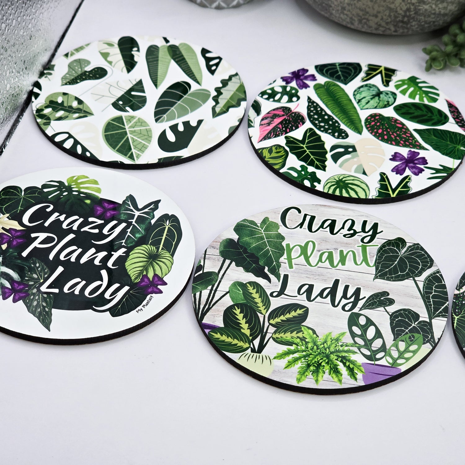 Round Houseplant Coasters with cork backing - 8 designs to choose from