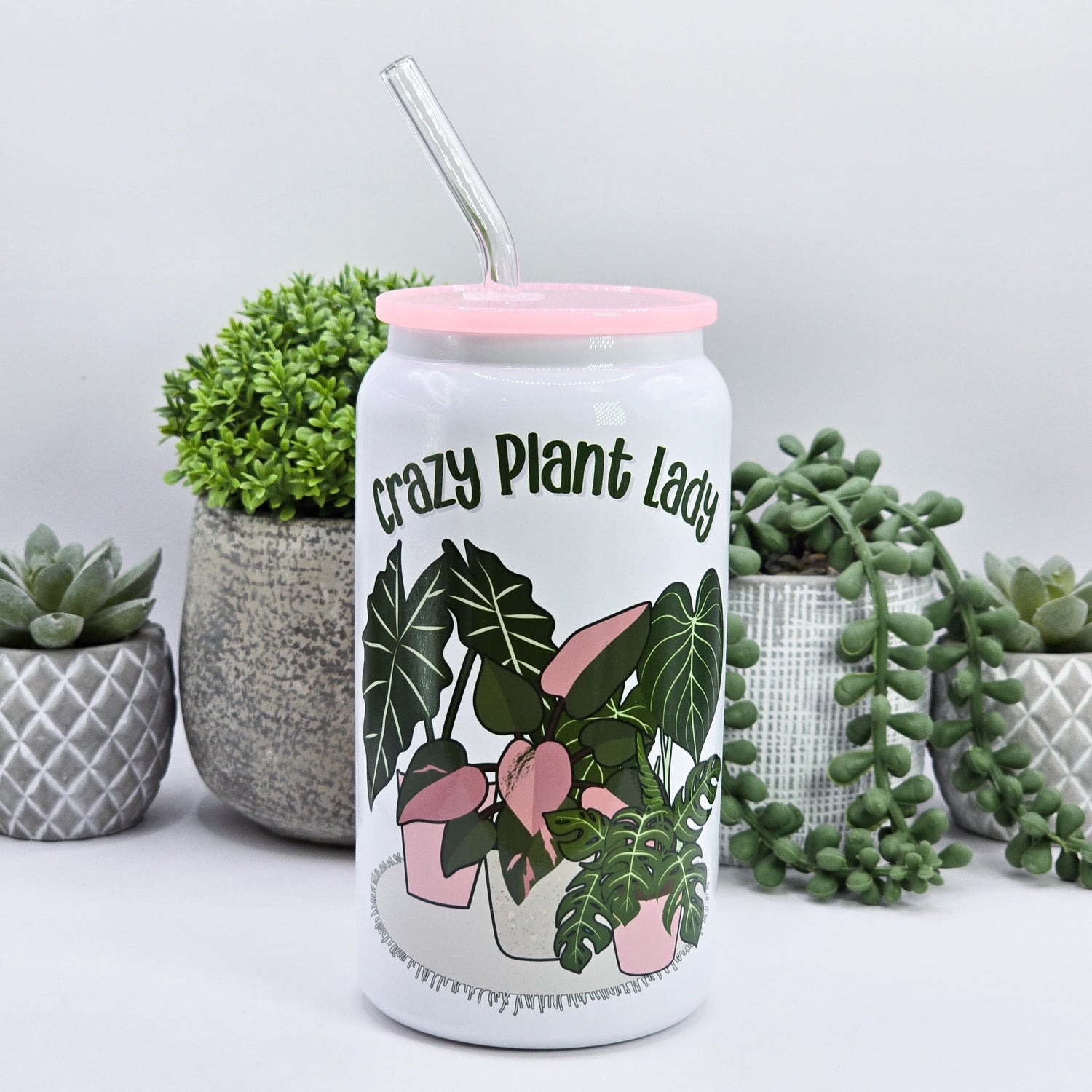 16oz Libby Can Crazy Plant Lady Insulated Stainless Steel Houseplants Tumbler, pink lid
