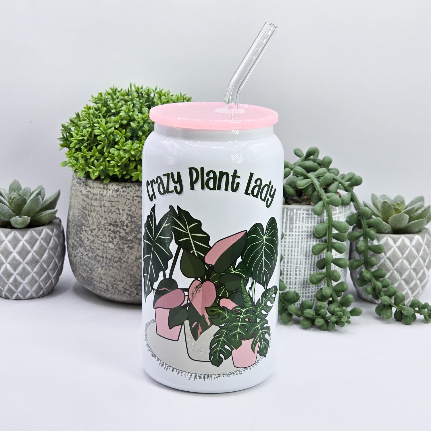 16oz Libby Can Crazy Plant Lady Insulated Stainless Steel Houseplants Tumbler, pink lid