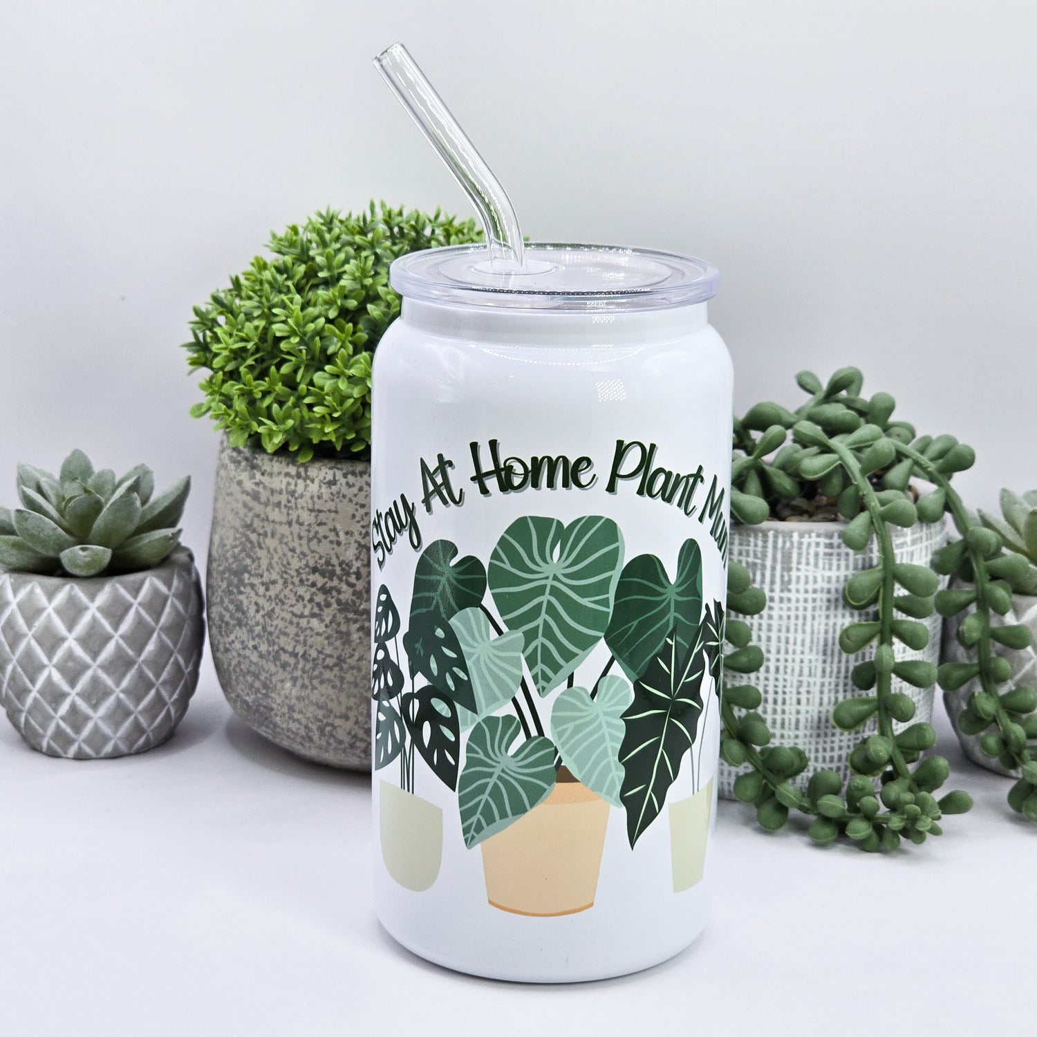 16oz Libby Can 'Stay At Home Plant Mum' Insulated Stainless Steel Houseplants Tumbler w/ Glass straw