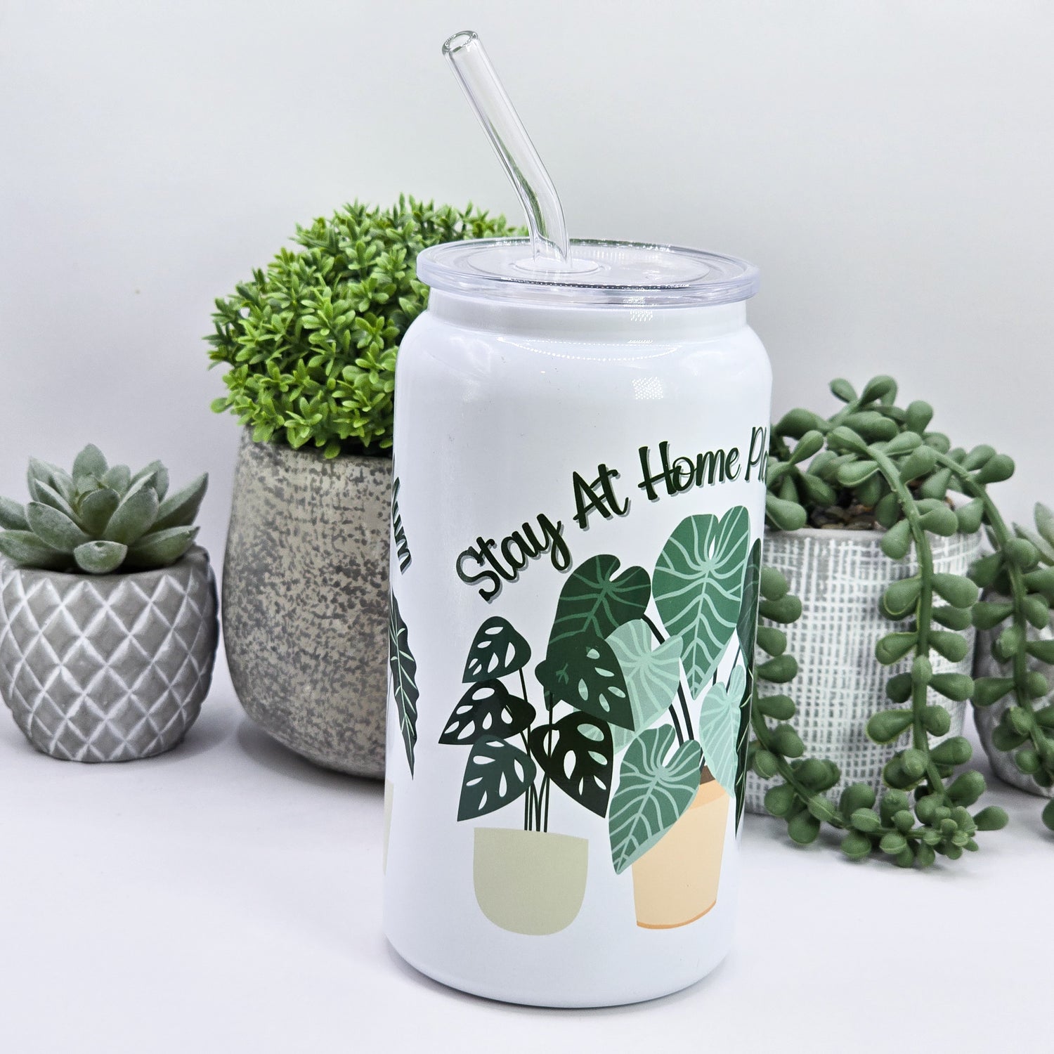 16oz Libby Can 'Stay At Home Plant Mum' Insulated Stainless Steel Houseplants Tumbler w/ Glass straw