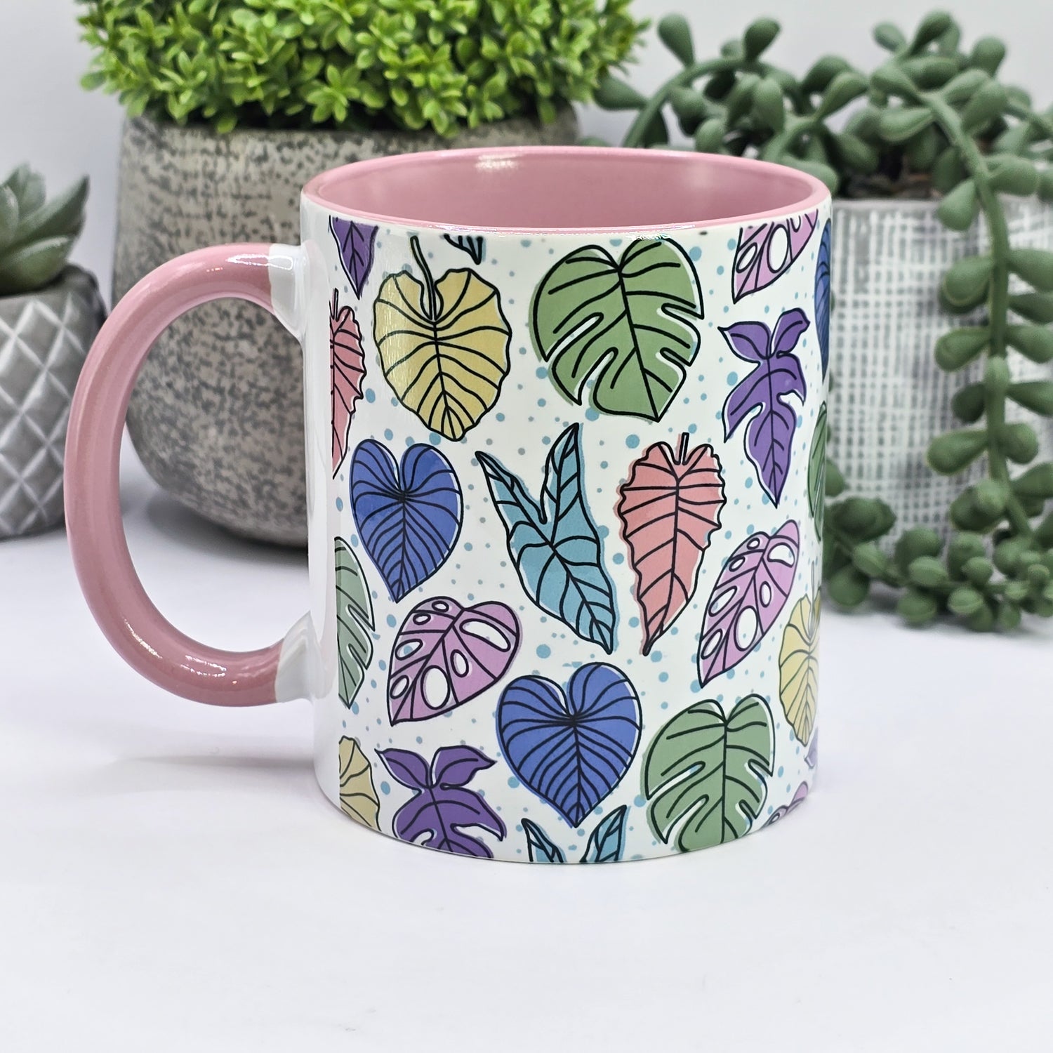 Pastel Confetti Rare Houseplant Leaves 11oz Ceramic Mug w/ Pink Inner & Handle