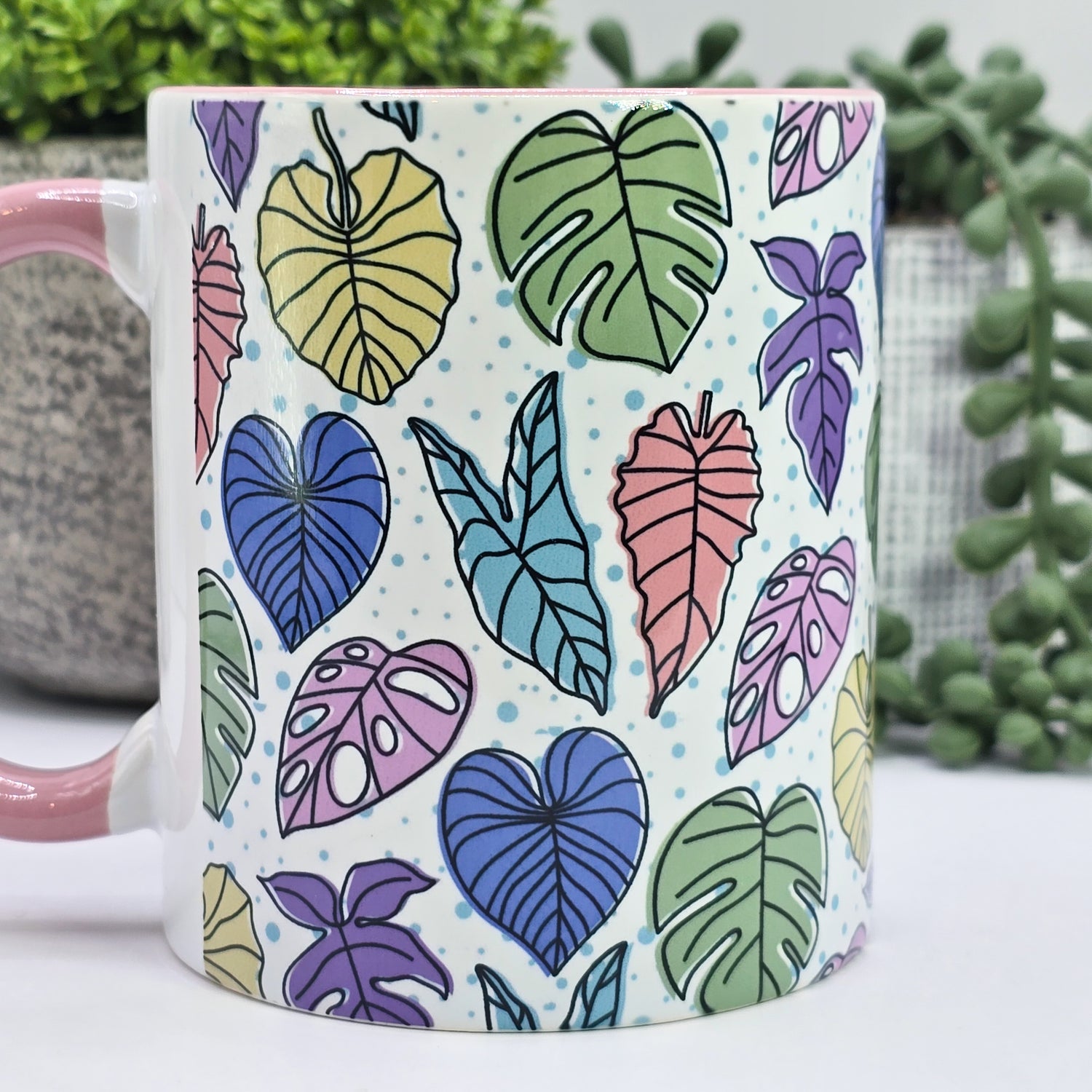 Pastel Confetti Rare Houseplant Leaves 11oz Ceramic Mug w/ Pink Inner & Handle
