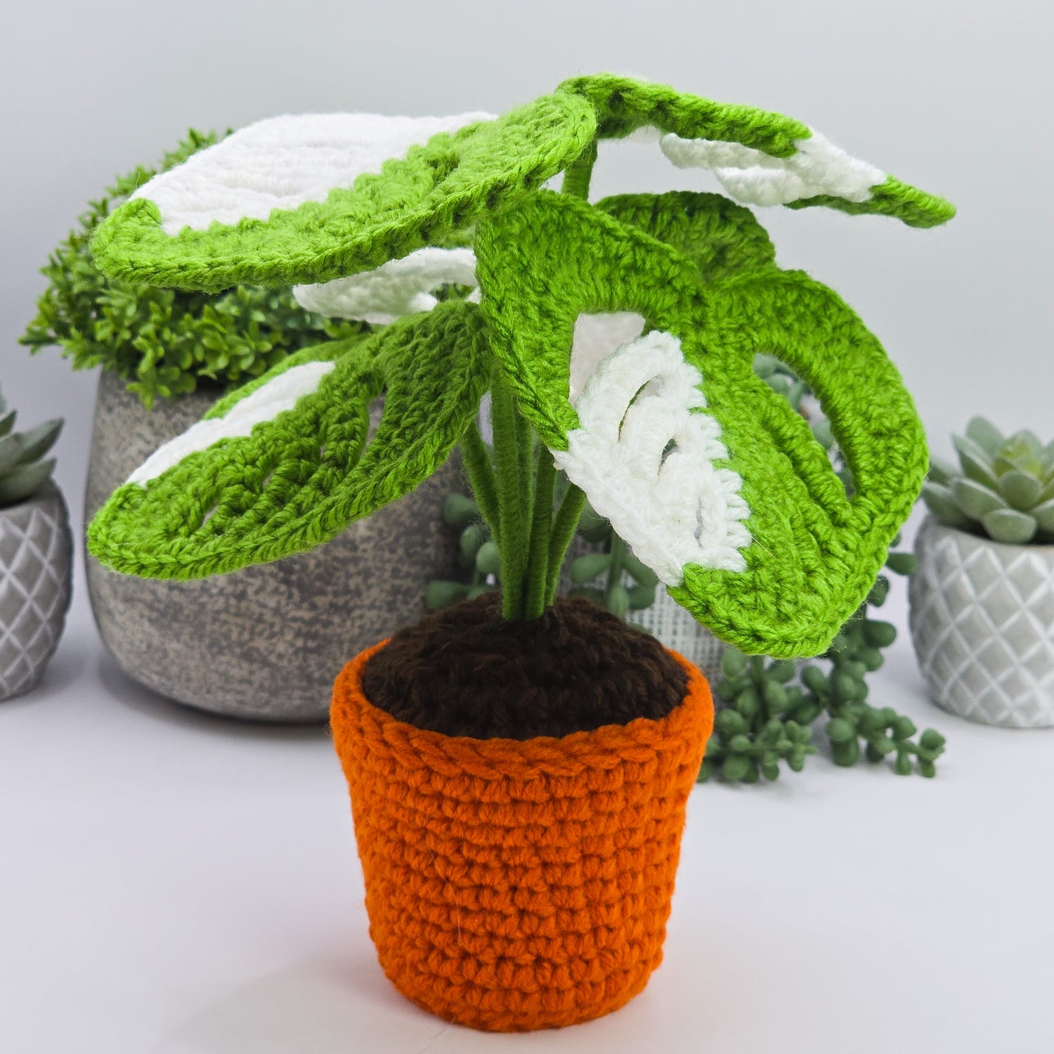Mini Monstera Albo Variegated Crochet Potted Plant,4 colours avail