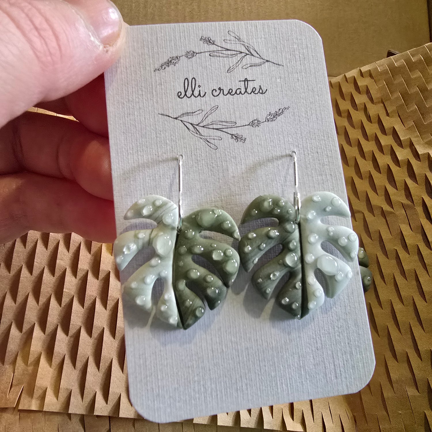 Monstera Leaf Variegated Polymer Clay Houseplant Dangle Earrings - Green & White