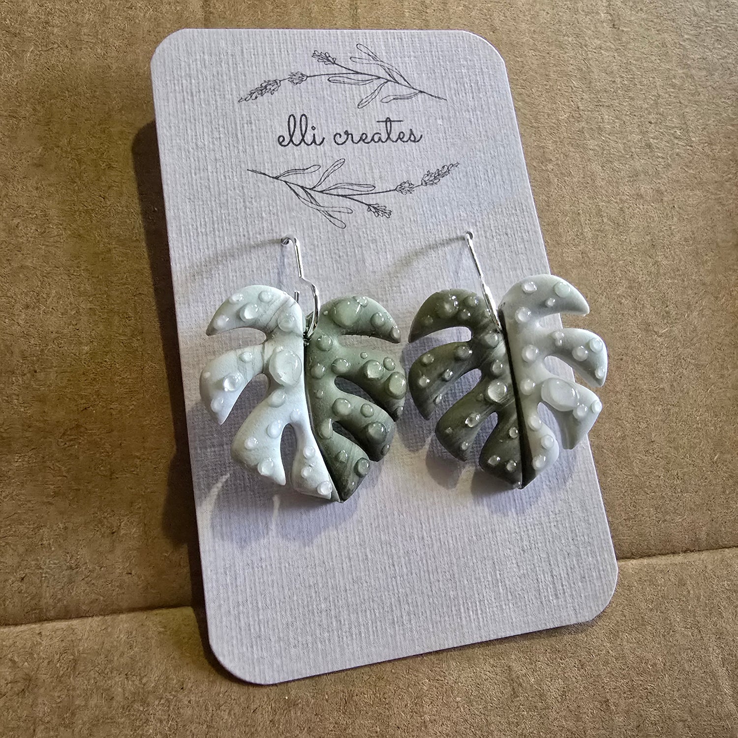 Monstera Leaf Variegated Polymer Clay Houseplant Dangle Earrings - Green & White