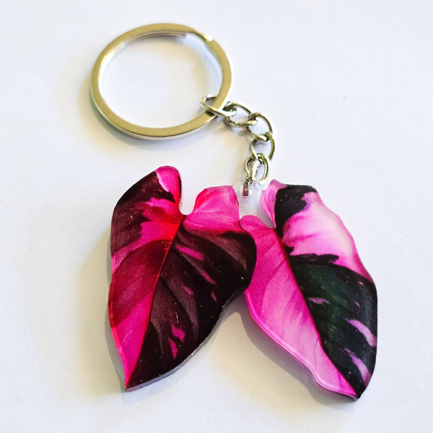 Philodendron Pink Princess twin leaves Acrylic Houseplant Keyring