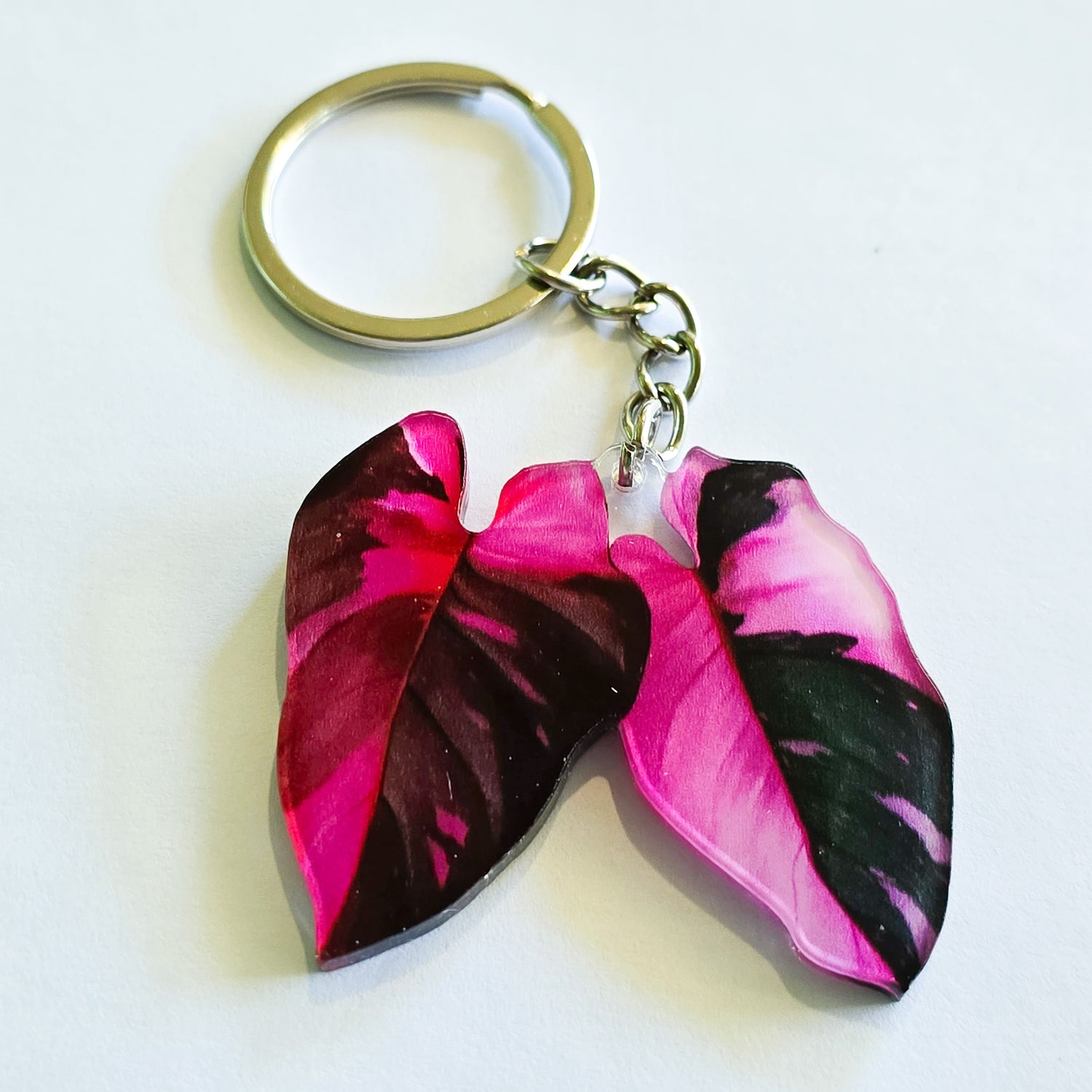 Philodendron Pink Princess twin leaves Acrylic Houseplant Keyring