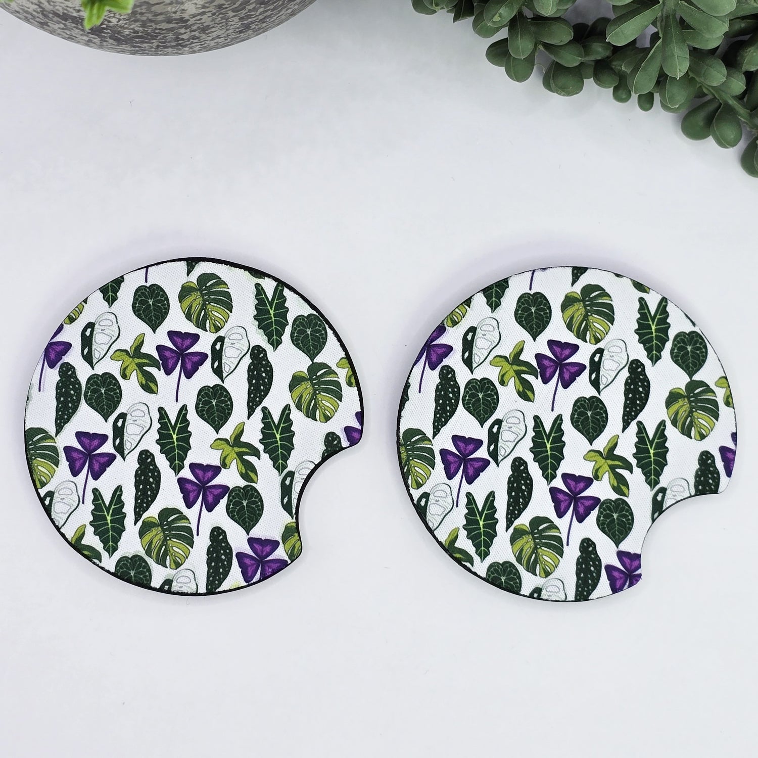 Mixed Aroid Leaves Houseplants Car Coasters - Set of 2, Car Cup Holder Coasters