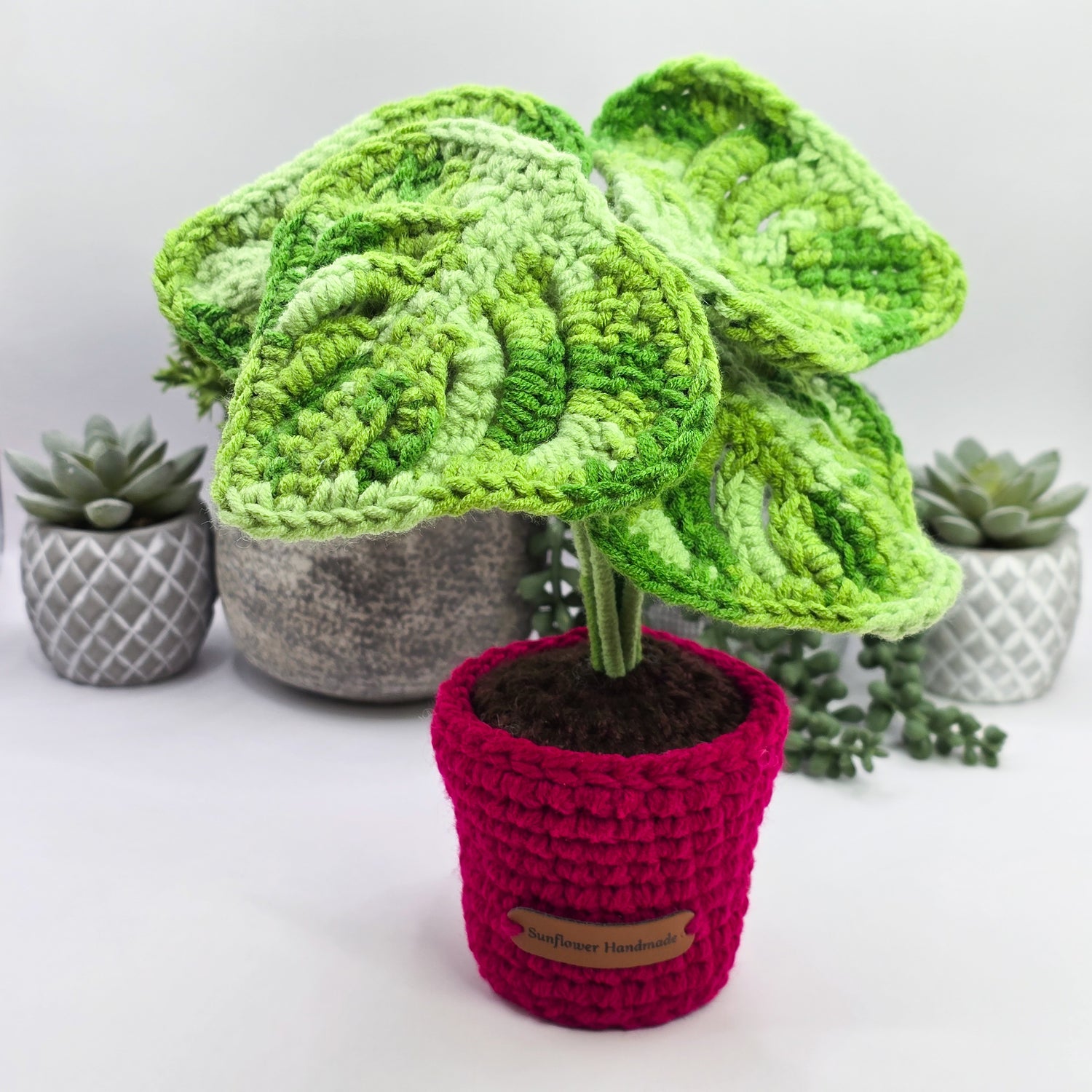 Mini Monstera Aurea/Green Variegated Crochet Potted Plant With Hot Pink Pot