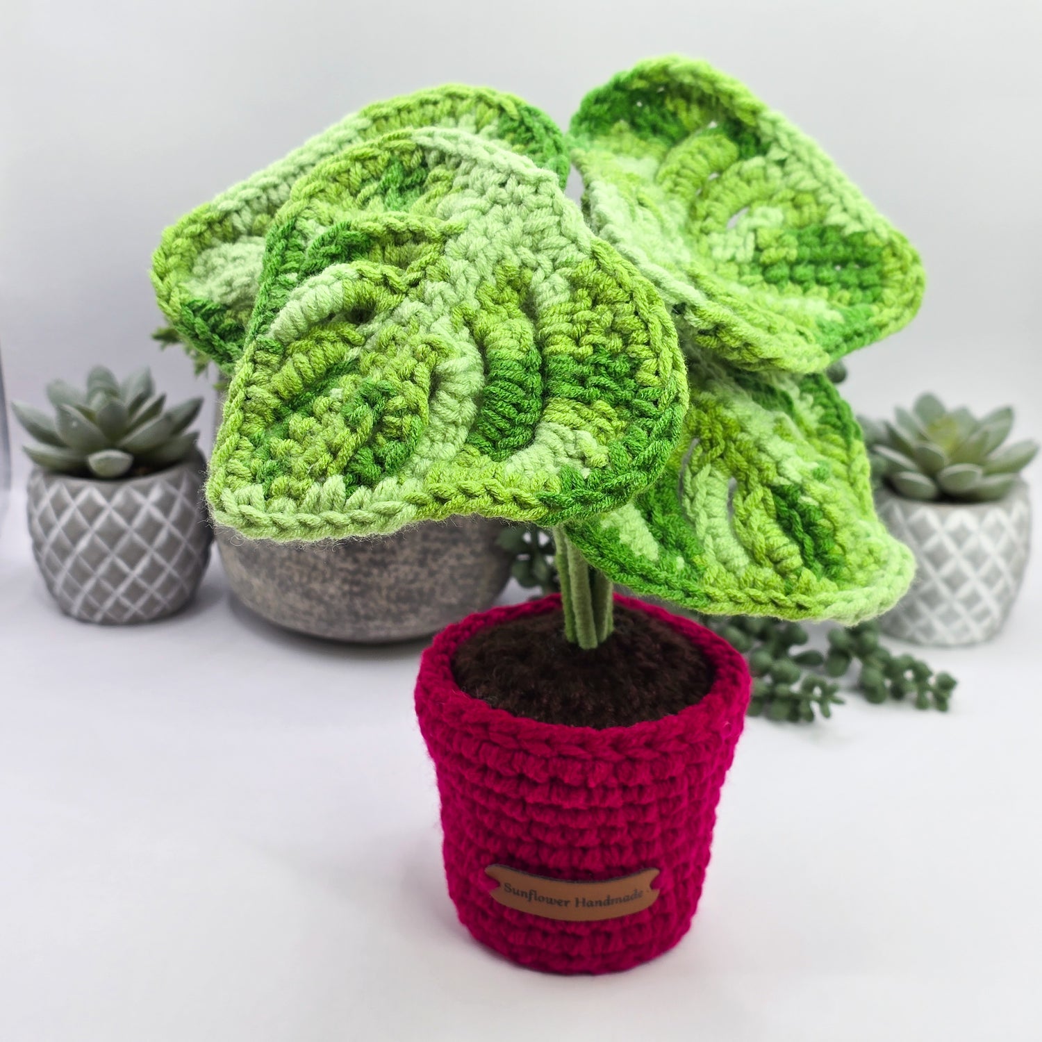 Mini Monstera Aurea/Green Variegated Crochet Potted Plant With Hot Pink Pot