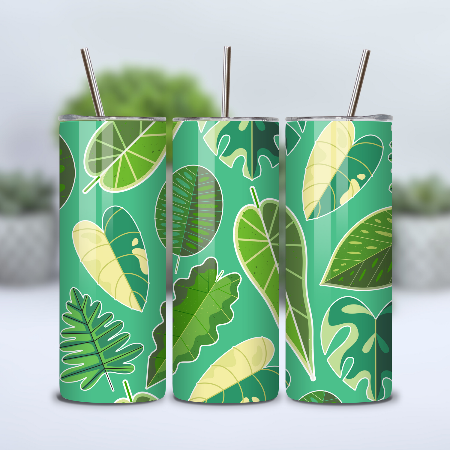 Geometrical Variegated Leaves Teal Houseplant 12oz/20oz Insulated Stainless Steel Tumbler