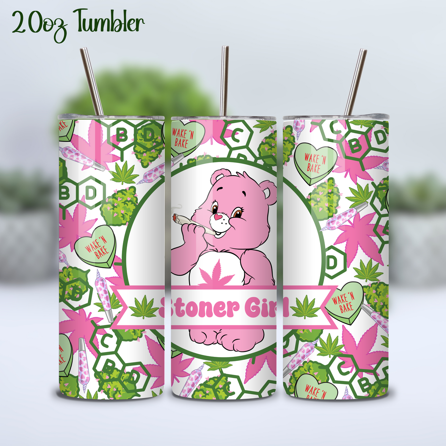 Pink Care Bear Weed Themed Personalised 20oz Insulated Stainless Steel Tumbler, Marijuana/Cannabis