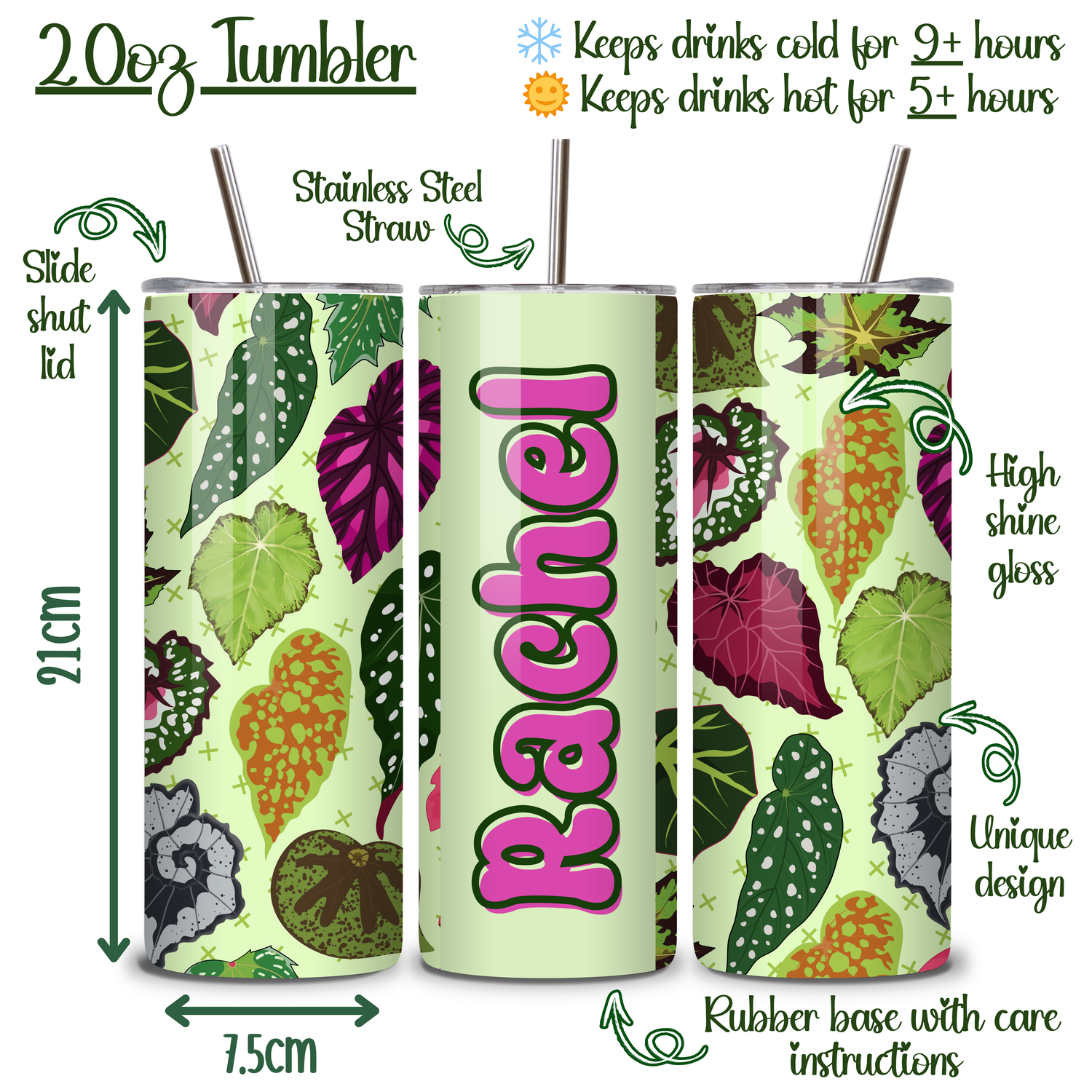 ⭐️PERSONALISED⭐️Beautiful Begonias 20oz Insulated Stainless Steel Houseplants Tumbler