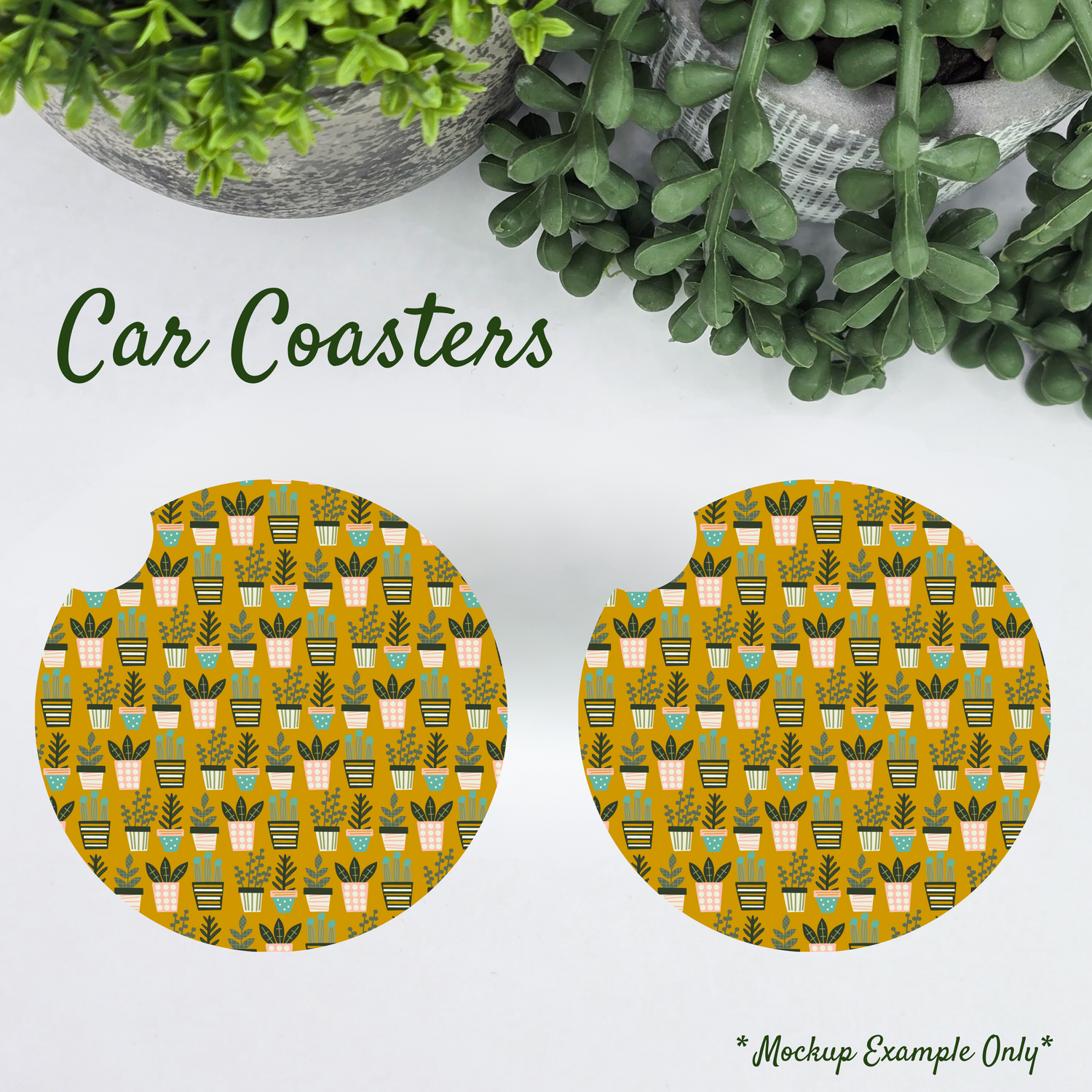 Potted Plants Mustard Yellow Car Coasters - Set of 2, Car Cup Holder Coasters