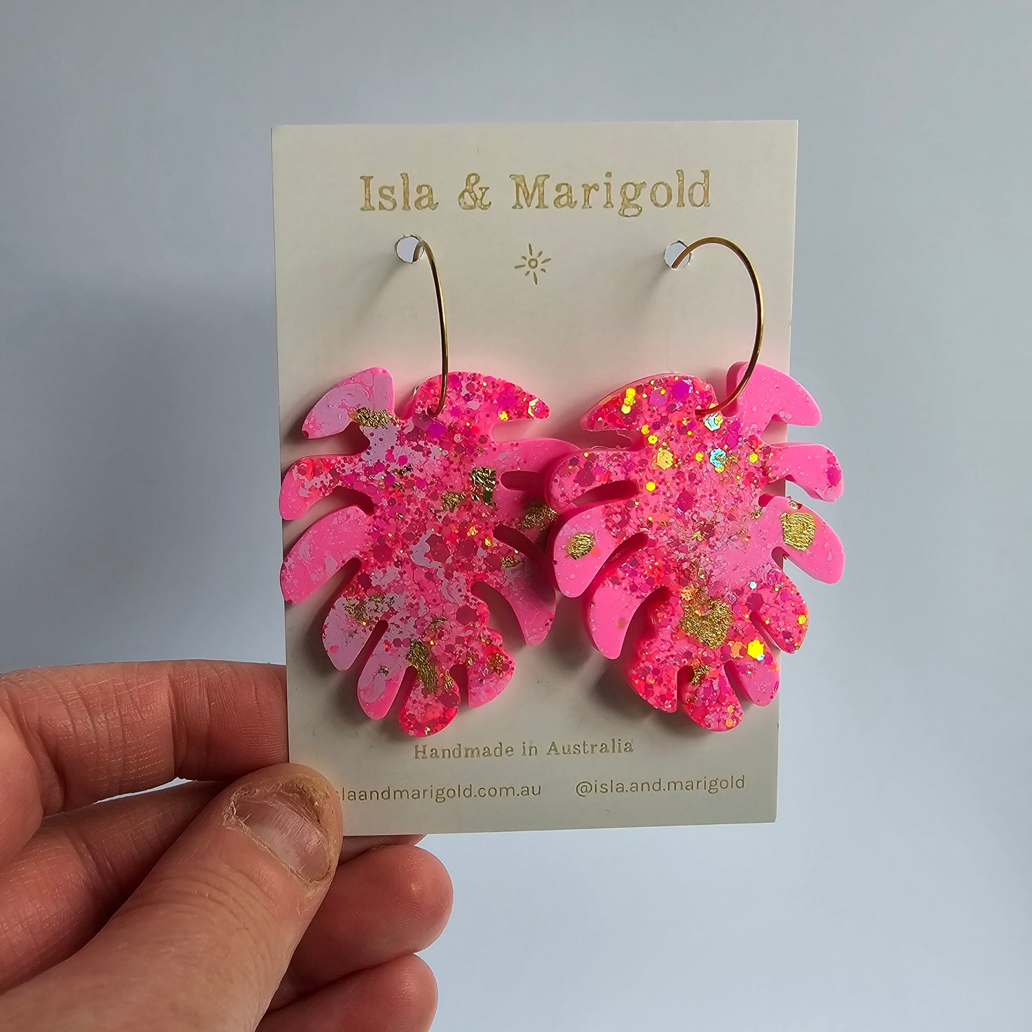 Monstera Leaf Glitter Hot Pink & Silver Resin Hoop Plant Earrings