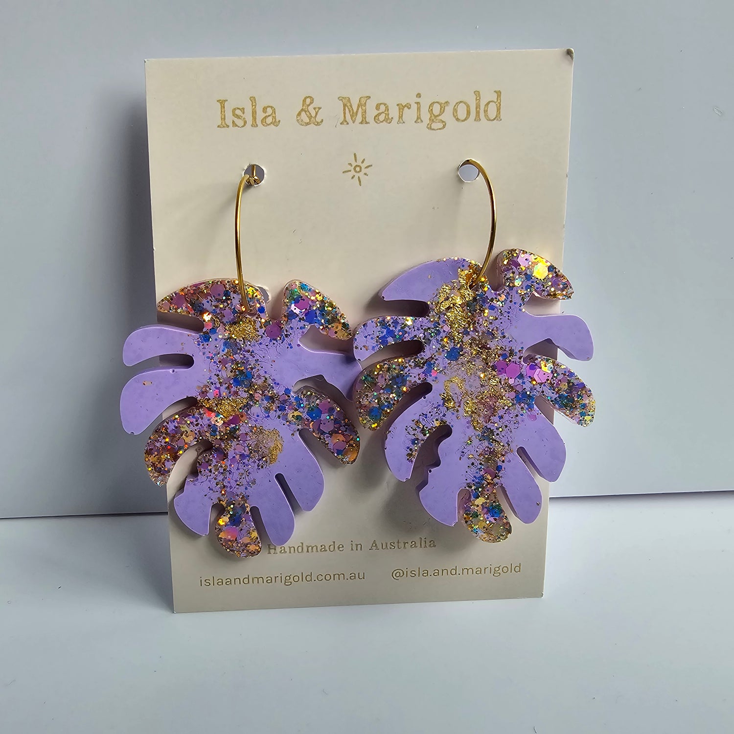 Monstera Leaf Resin Glitter Purple & Gold Hoop Plant Earrings