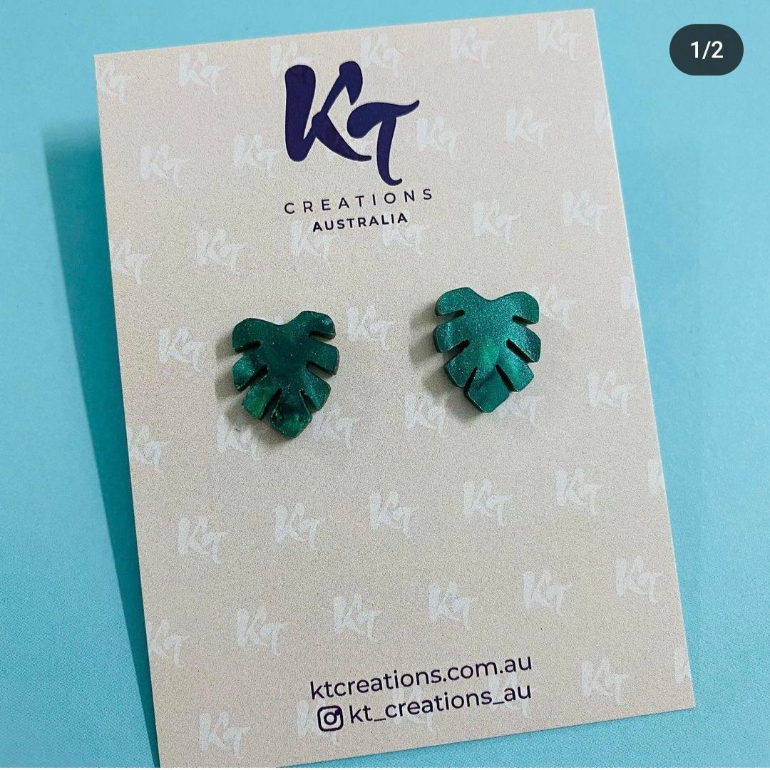 Green Monstera Leaf Shimmer Houseplant Stud Earrings