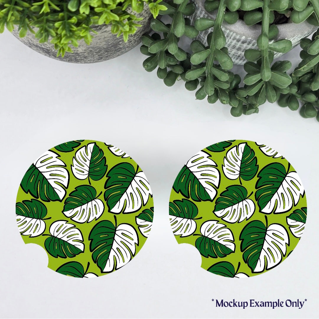 Monstera Albo Variegated Halfmoon Houseplants Car Coasters - Set of 2, Car Cup Holder Coasters