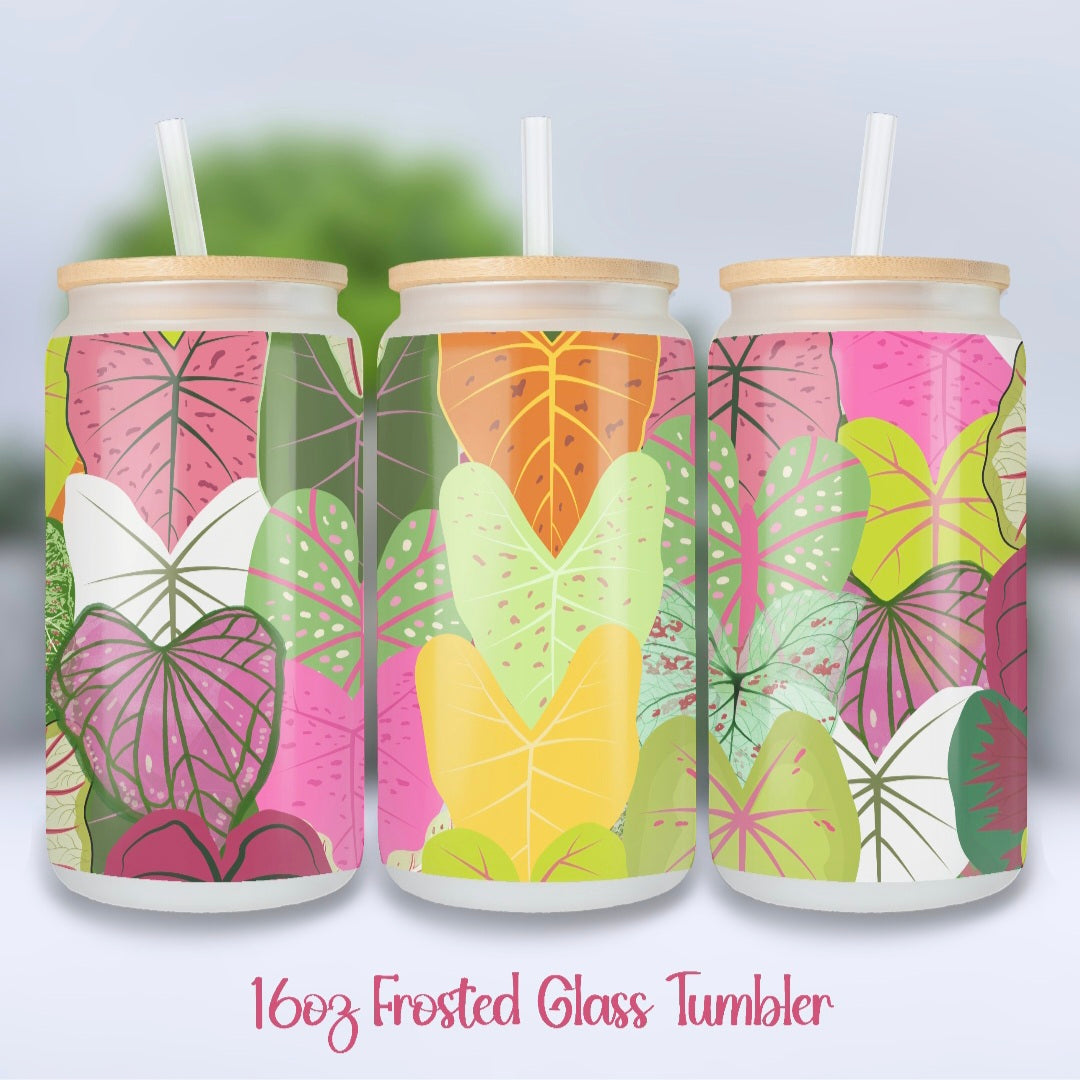 Colourful Caladium Leaves 16oz Frosted Glass Houseplant Tumbler with Glass Straw
