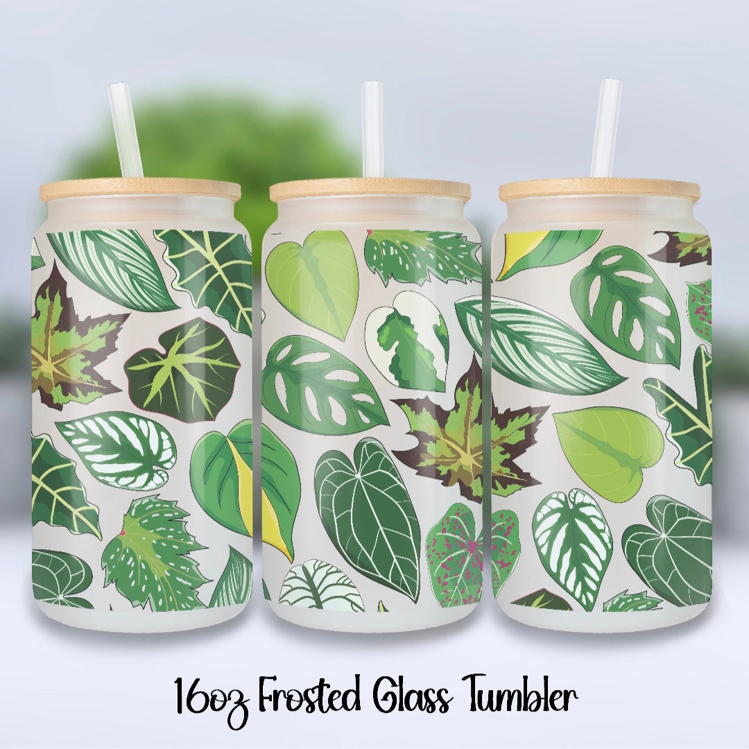 Falling Foliage 16oz Frosted Glass Houseplant Tumbler with Glass Straw
