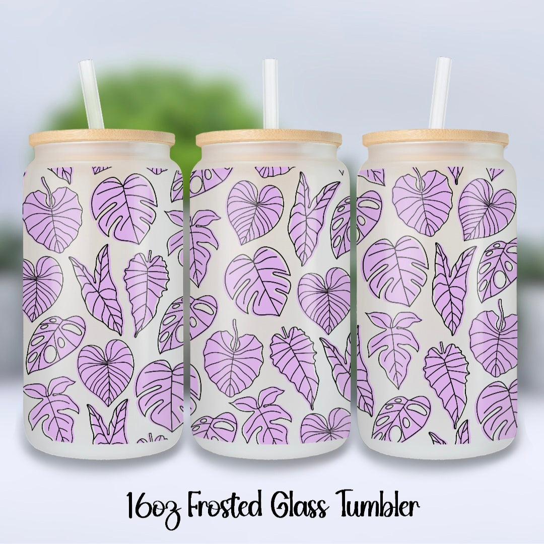 Lilac Leaves 16oz Frosted Glass Houseplant Tumbler with Glass Straw