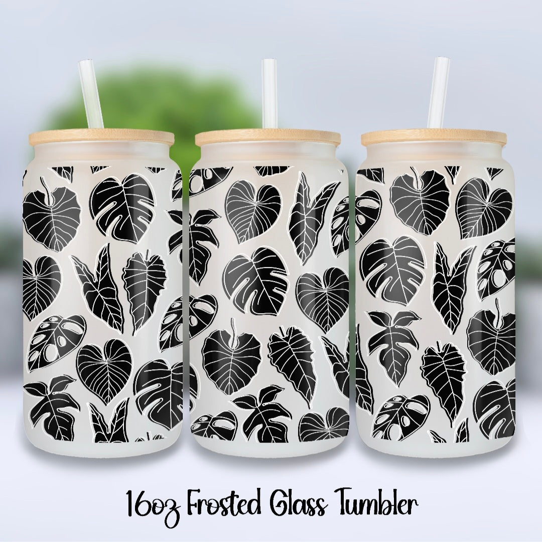 Black Leaves 16oz Frosted Glass Houseplant Tumbler with Glass Straw